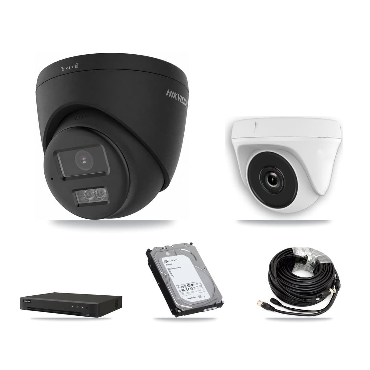 Hikvision 8-Channel 2MP – 4K CCTV Kit — 2 Black DS-2CE78U0T-LTS-BLACK 4K Turret + 2 White HDT-2MP-N20W-2.8MM 2MP Dome Cameras + 6TB Recording (IDS-7208HUHI-M1/XT Recorder)