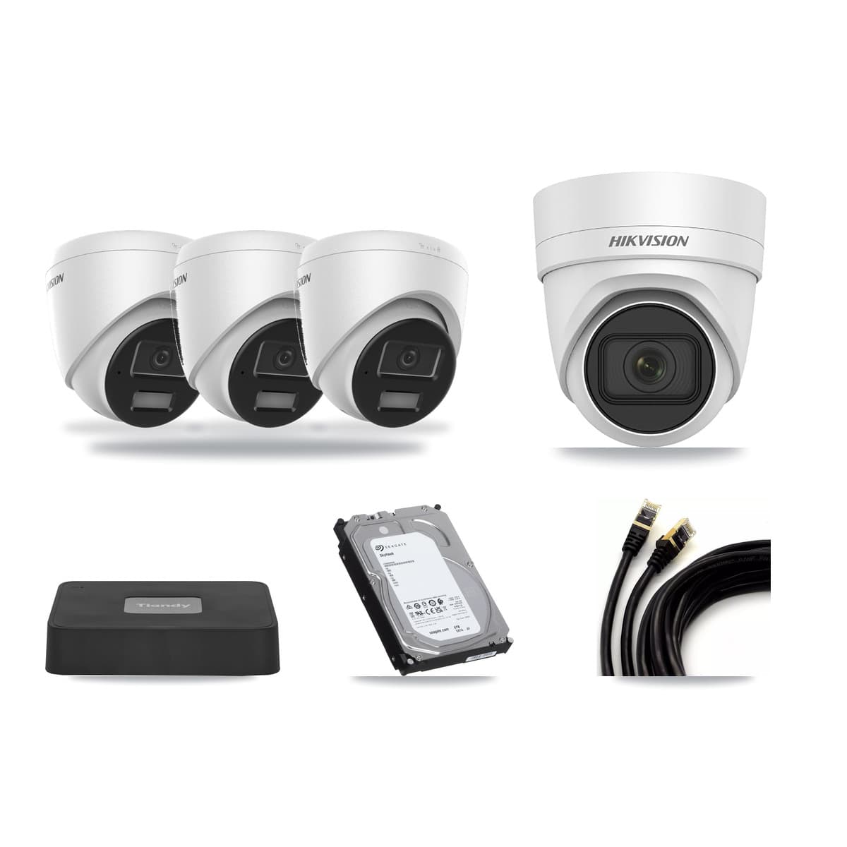 Hikvision & Tiandy 4-Channel 4MP CCTV Kit — 3 DS-2CD1343G2 + 1 DS-2CD2H45FWD Turret Cameras + 6TB Recording - Image 1