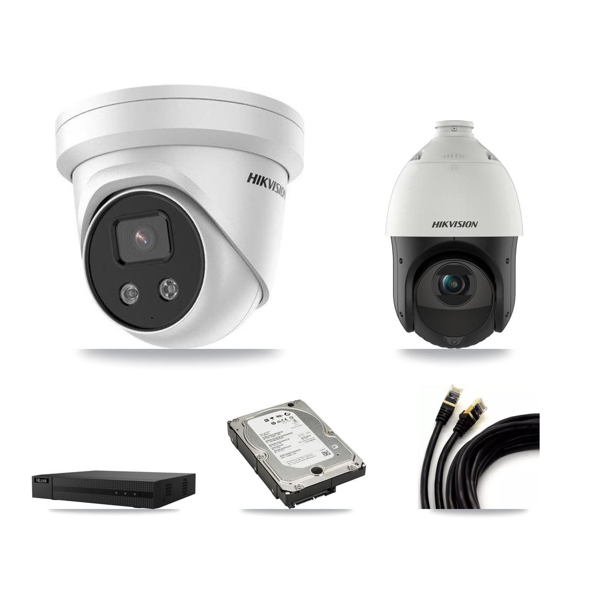 Hikvision & HiLook 8-Channel 4MP – 5MP CCTV Kit — 3 5MP Turret + 1 4MP PTZ Cameras + 5TB Recording (NVR-108MH-D Recorder)