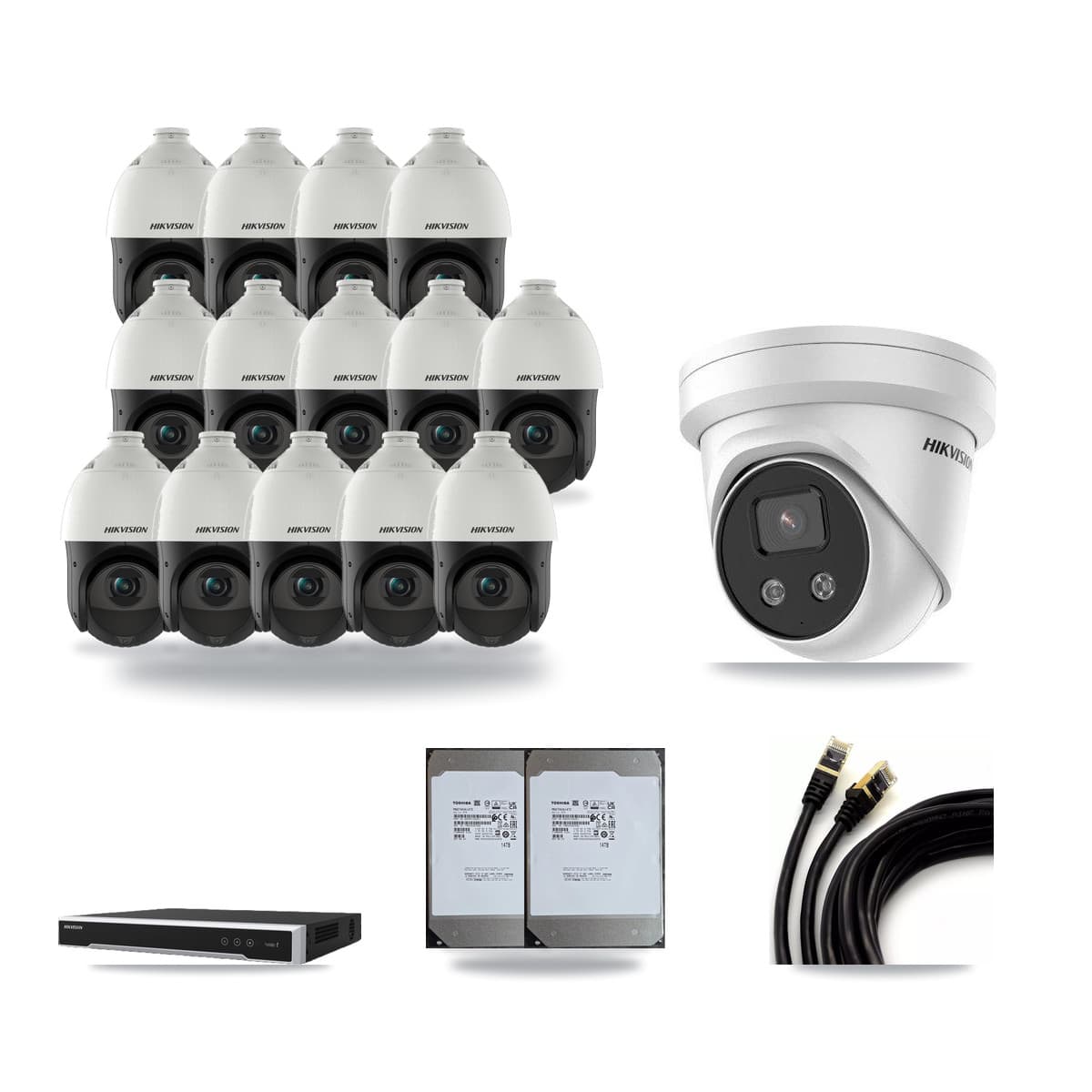 Hikvision 16-Channel 4MP – 5MP CCTV Kit — 1 5MP Turret + 14 4MP PTZ Cameras + 2× 14TB Recording (DS-7616NI-M2 Recorder) - Image 1