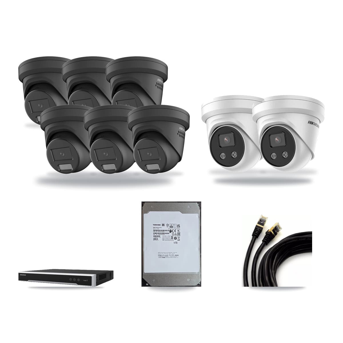 Hikvision 16-Channel 4MP – 5MP CCTV Kit — 6 Black 4MP + 2 5MP Turret Cameras + 14TB Recording (DS-7616NI-M2 Recorder) - Image 1