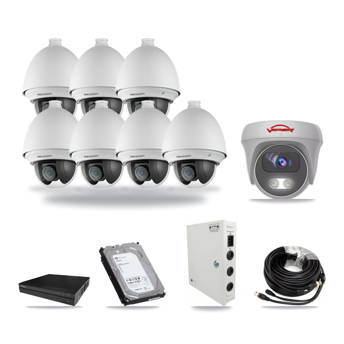 8-Channel 2MP – 5MP CCTV Kit — 7 DS-2AE4225T 2MP PTZ + 1 White VIPER-5MP-3K 5MP Cameras + 6TB Recording (PXD-5208AN Recorder) - Image 1