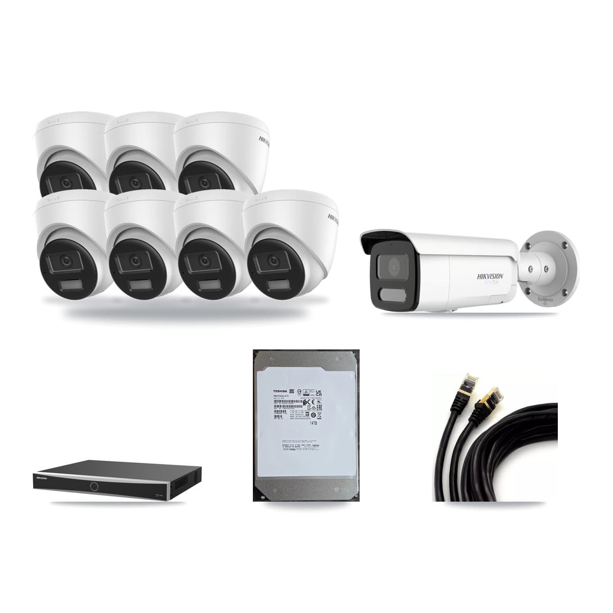 Hikvision 16-Channel 4K CCTV Kit — 7 DS-2CD1383G2-LIU Turret + 1 White DS-2CD2T87G2H-LISU/SL-2.8MM-W Bullet Cameras + 14TB Recording (DS-7616NXI-K2/16P(E) Recorder) - Image 1