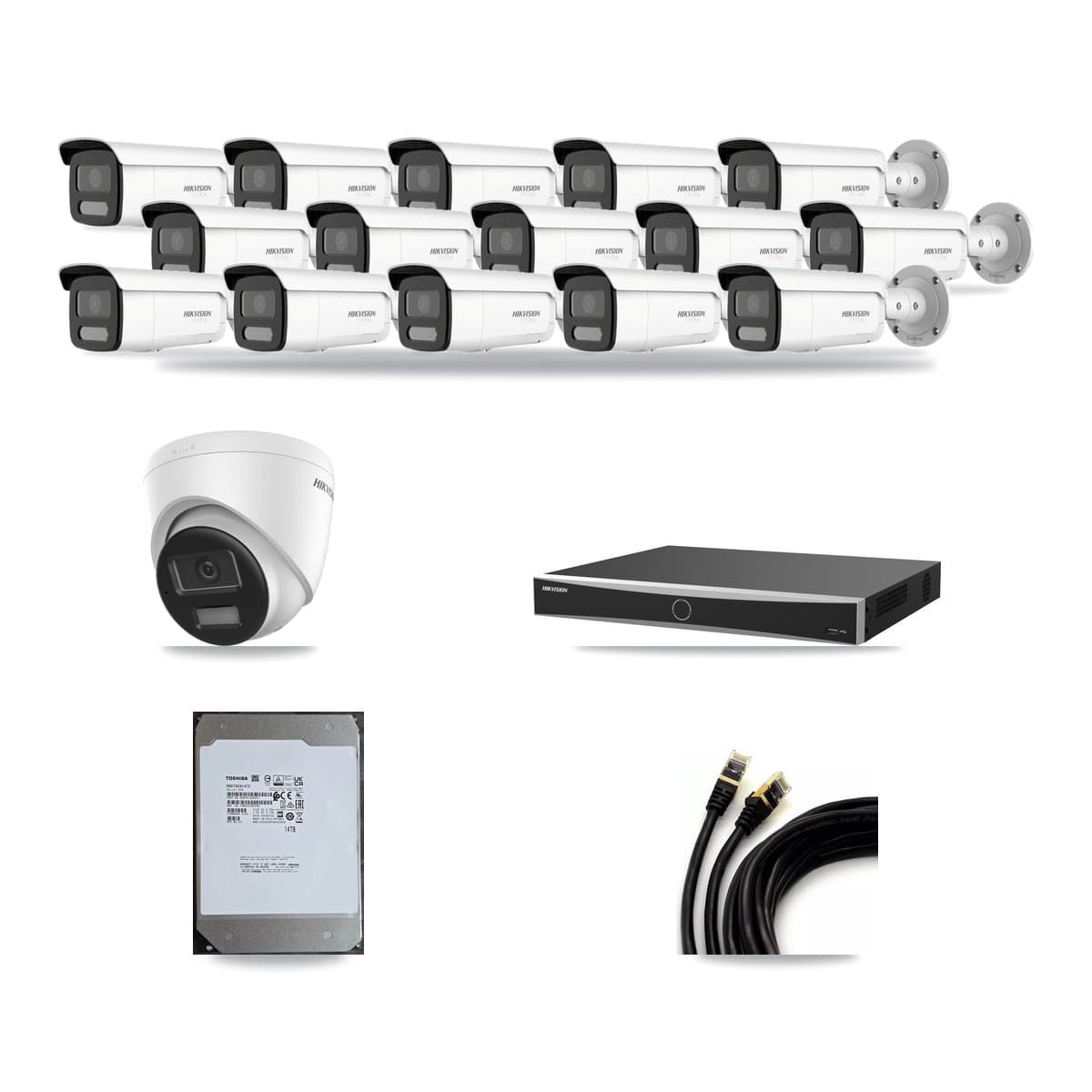 Hikvision 16-Channel 4K CCTV Kit — 1 DS-2CD1383G2-LIU Turret + 15 White DS-2CD2T87G2H-LISU/SL-2.8MM-W Bullet Cameras + 14TB Recording (DS-7616NXI-K2/16P(E) Recorder) - Image 1
