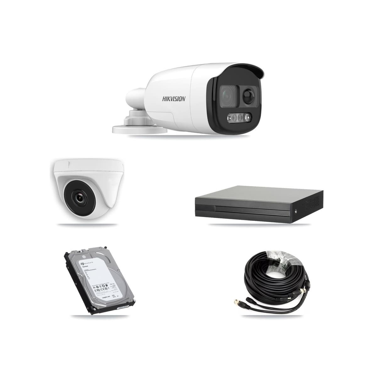 Hikvision 4-Channel 2MP – 5MP CCTV Kit — 3 DS-2CE12KF3T 5MP Bullet + 1 White HDT-2MP-N20W 2MP Dome Cameras + 6TB Recording (XVR-3104HS Recorder)