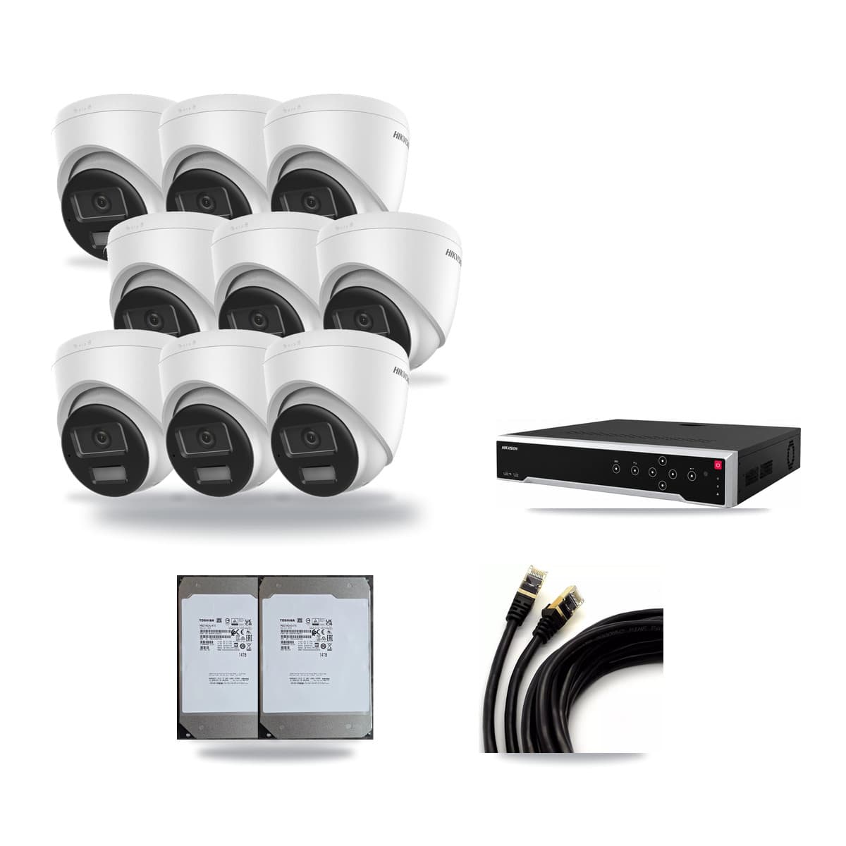Hikvision 32-Channel 4K CCTV Kit — 9 DS-2CD1383G2-LIU Turret Cameras + 2× 14TB Recording (DS-7732NI-M4/24P Recorder) - Image 1
