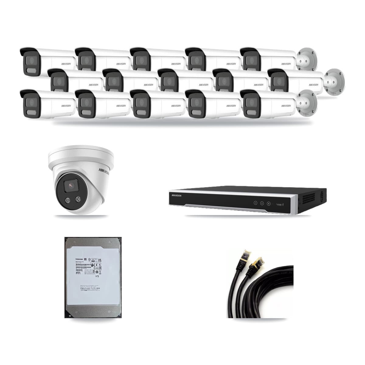 Hikvision 16-Channel 4MP – 5MP CCTV Kit — 15 4MP Bullet + 1 5MP Turret Cameras + 14TB Recording (DS-7616NI-M2 Recorder) - Image 1