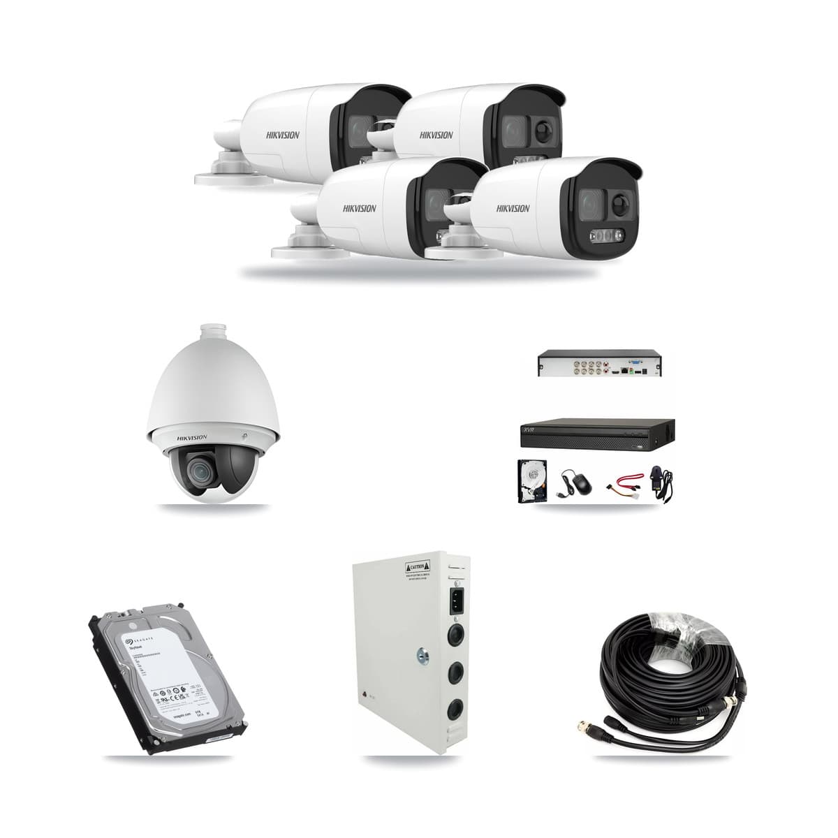 Hikvision & Dahua 8-Channel 2MP – 5MP CCTV Kit — 1 DS-2AE4225T 2MP PTZ + 4 DS-2CE12KF3T 5MP Bullet Cameras + 6TB Recording - Image 1