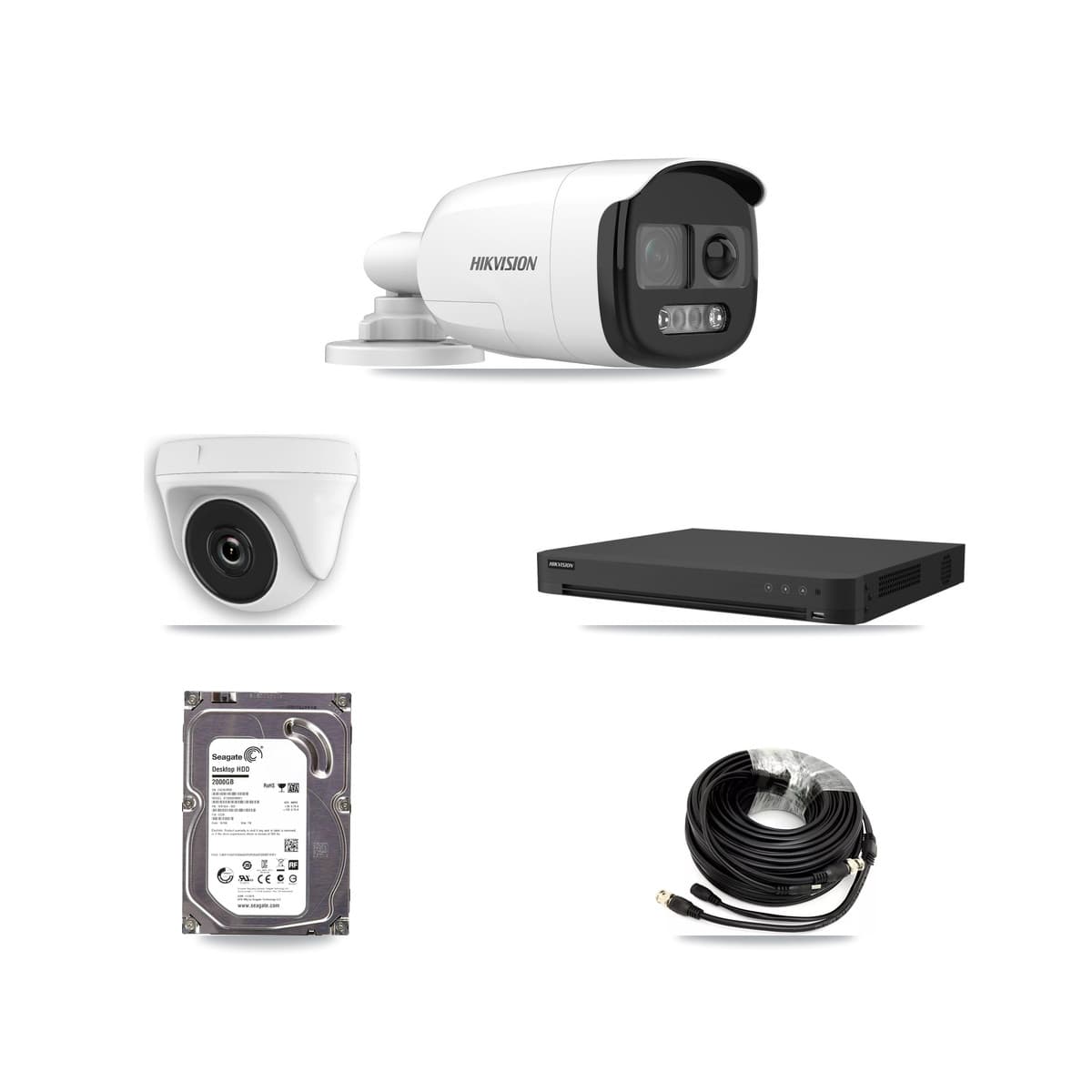 Hikvision 32-Channel 2MP – 5MP CCTV Kit — 1 DS-2CE12KF3T 5MP Bullet + 1 White HDT-2MP-N20W 2MP Dome Cameras + 2TB Recording (IDS-7232HQHI Recorder)