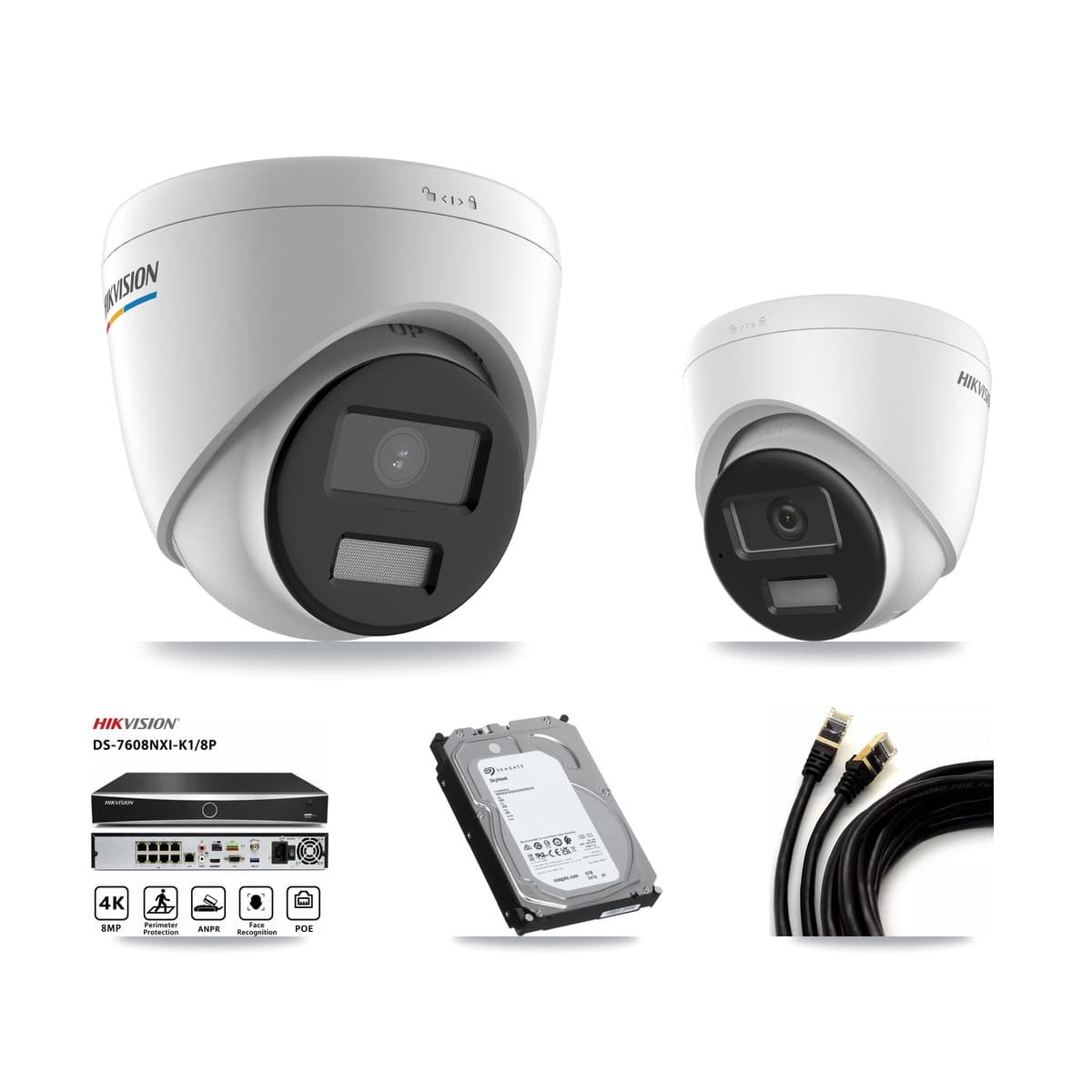 Hikvision 8-Channel 2MP – 4K CCTV Kit — 2 2MP + 2 4K Turret Cameras + 6TB Recording (DS-7608NXI Recorder)