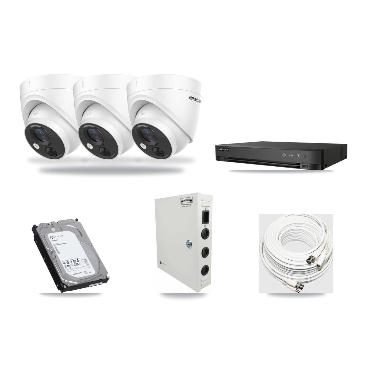 Hikvision 4-Channel 5MP CCTV Kit — 3 DS-2CE71H0T Turret Cameras + 6TB Recording (IDS-7204HQHI Recorder) - Image 1