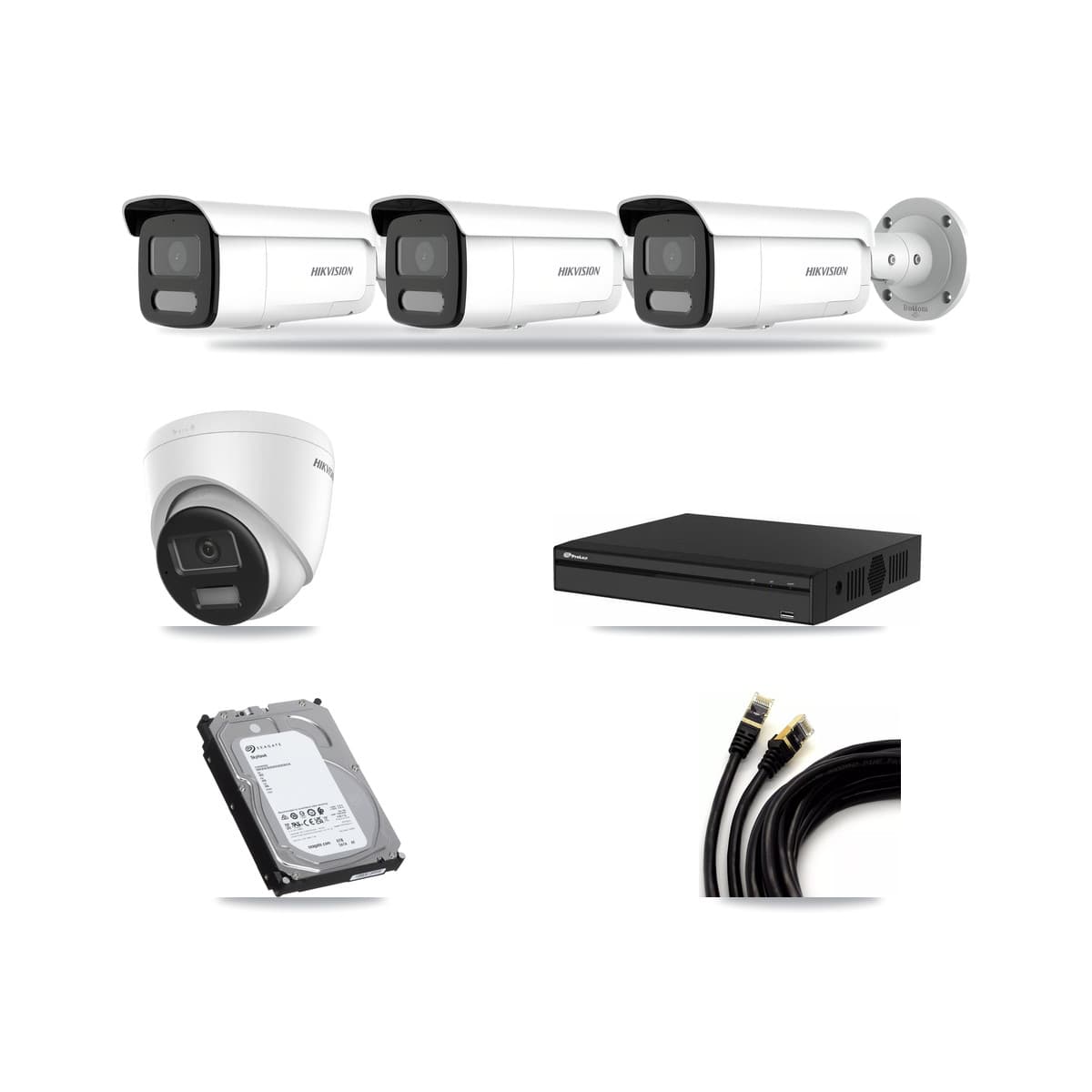 Hikvision & Prolux 4-Channel 4MP – 4K CCTV Kit — 1 DS-2CD1383G2-LIU 4K Turret + 3 DS-2CD2T47G2H-LISU/SL 4MP Bullet Cameras + 6TB Recording (PXN-2104HS-4P-4K Recorder) - Image 1
