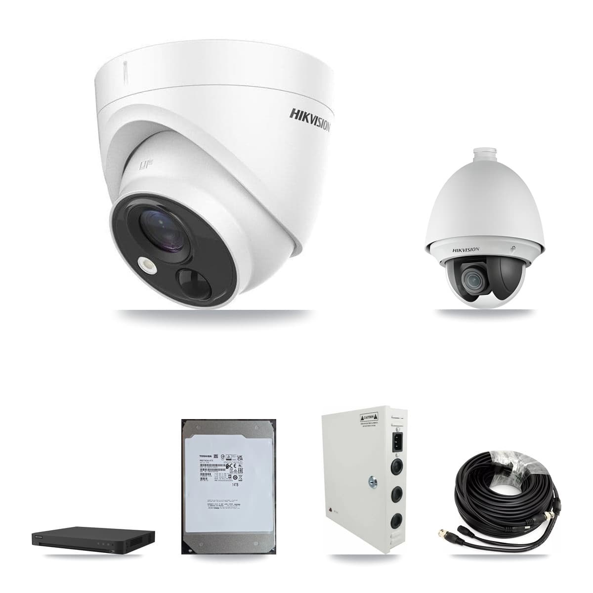 Hikvision 16-Channel 2MP – 5MP CCTV Kit — 1 DS-2AE4225T 2MP PTZ + 7 DS-2CE71H0T 5MP Turret Cameras + 14TB Recording