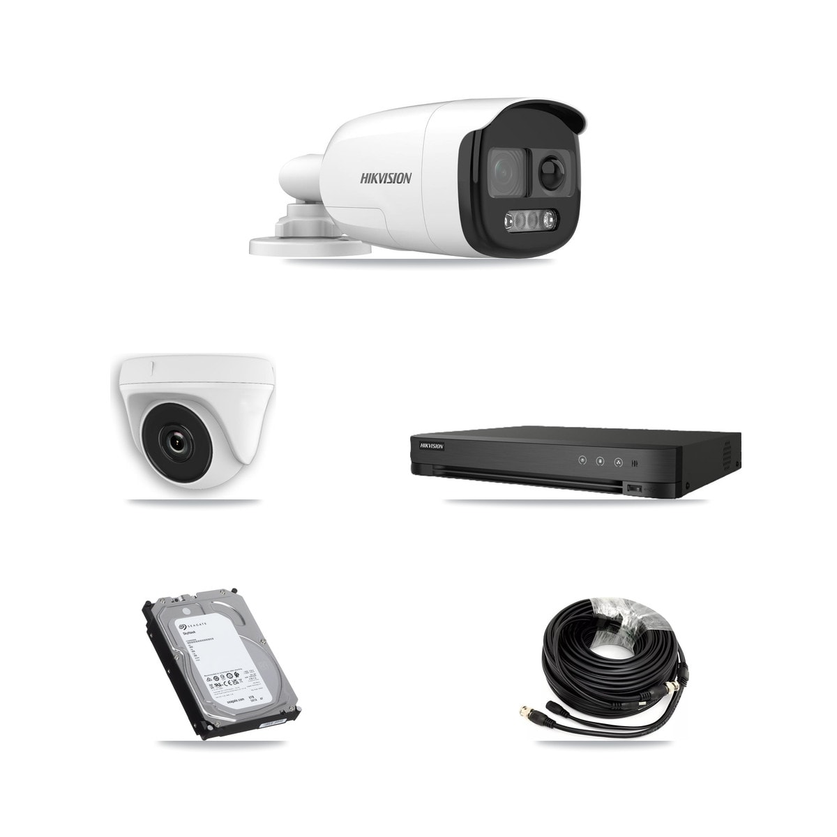 Hikvision IDS-7208HUHI-M1/E 8-Channel DVR CCTV Kit — 3× DS-2CE12KF3T-PIRXO 5MP Bullet + 3× HDT-2MP-N20W-2.8MM White 2MP Dome Cameras + 6TB HDD