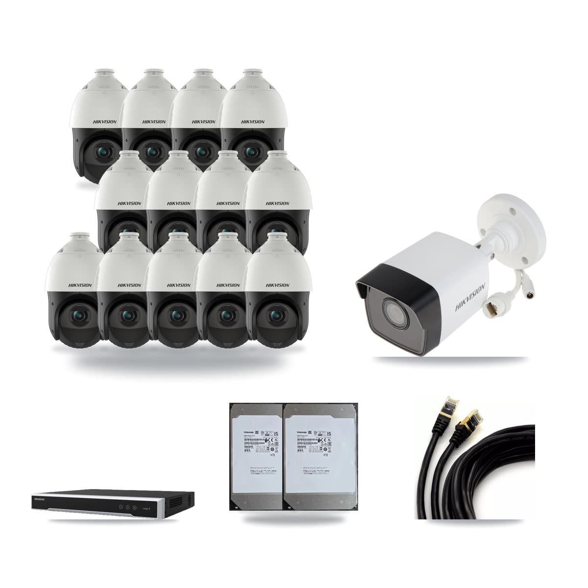 Hikvision 16-Channel 4MP – 5MP CCTV Kit — 1 5MP Bullet + 13 4MP PTZ Cameras + 2× 14TB Recording (DS-7616NI-M2 Recorder) - Image 1