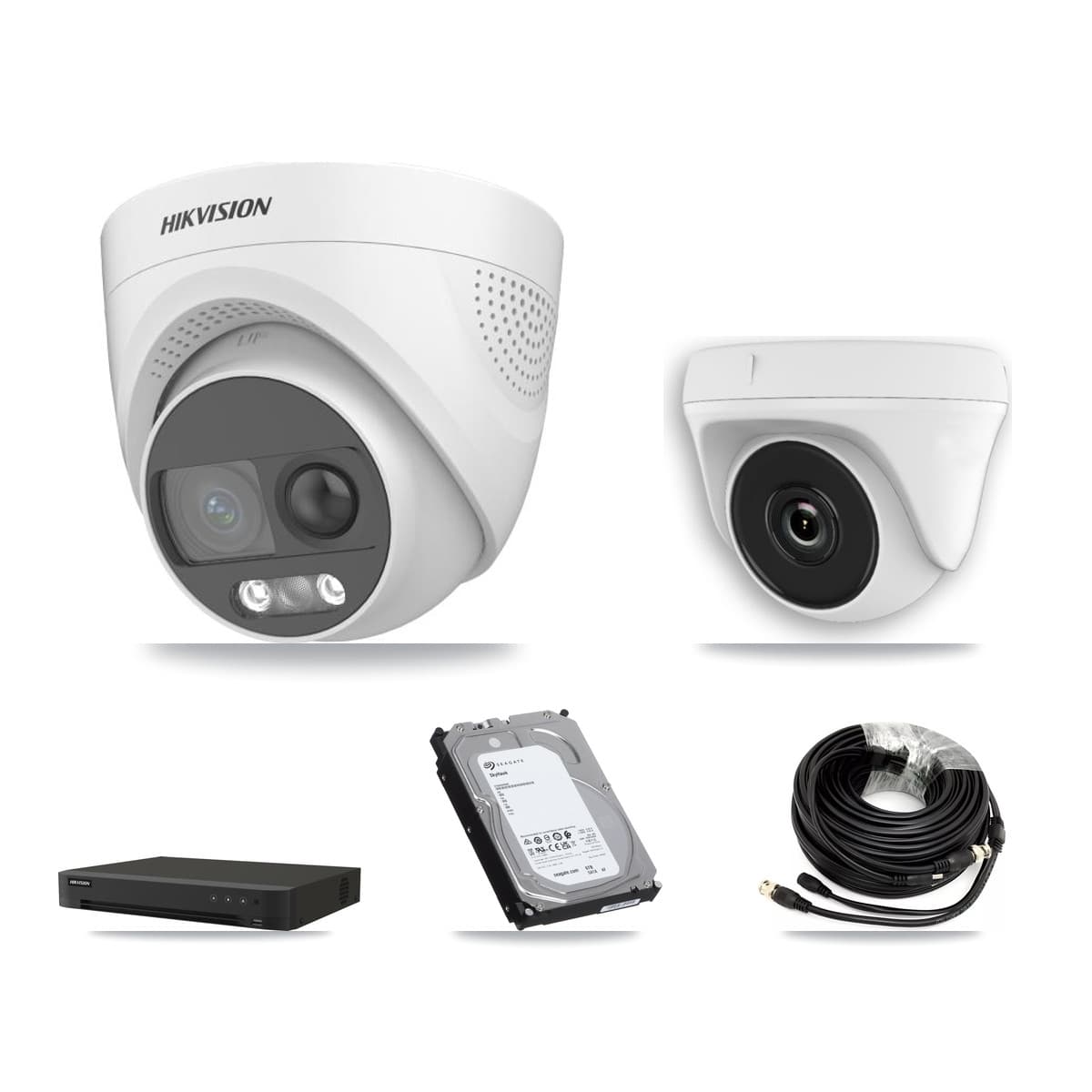 Hikvision 8-Channel 2MP – 5MP CCTV Kit — 2 DS-2CE72KF3T-PIRXO 5MP Turret + 2 White HDT-2MP-N20W-2.8MM 2MP Dome Cameras + 6TB Recording (IDS-7208HUHI-M1/XT Recorder)