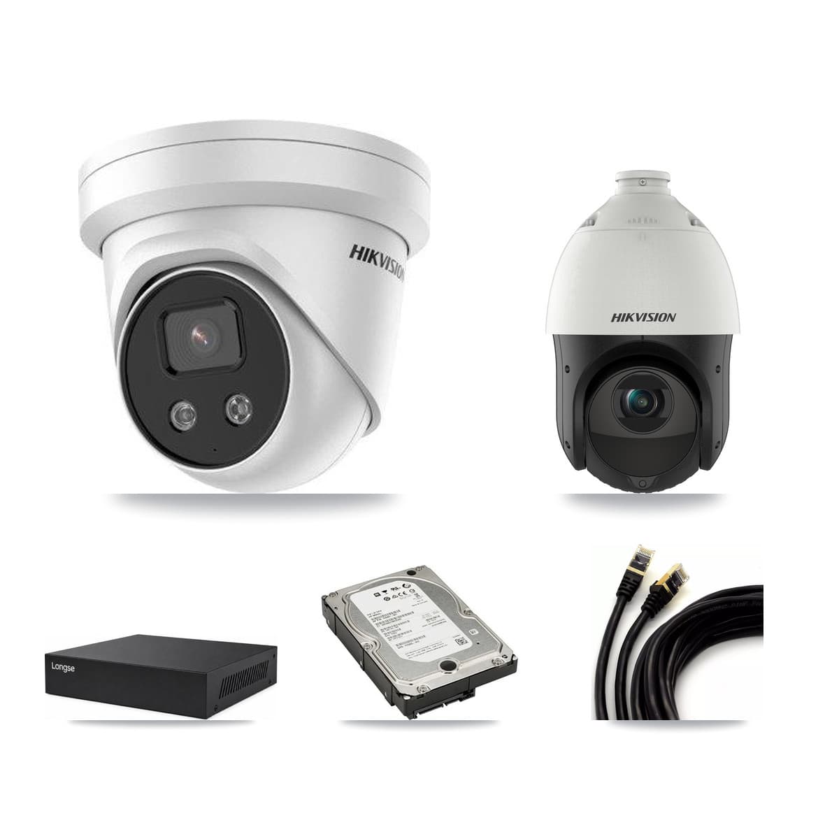 Hikvision & Longse 8-Channel 4MP – 5MP CCTV Kit — 3 5MP Turret + 1 4MP PTZ Cameras + 5TB Recording