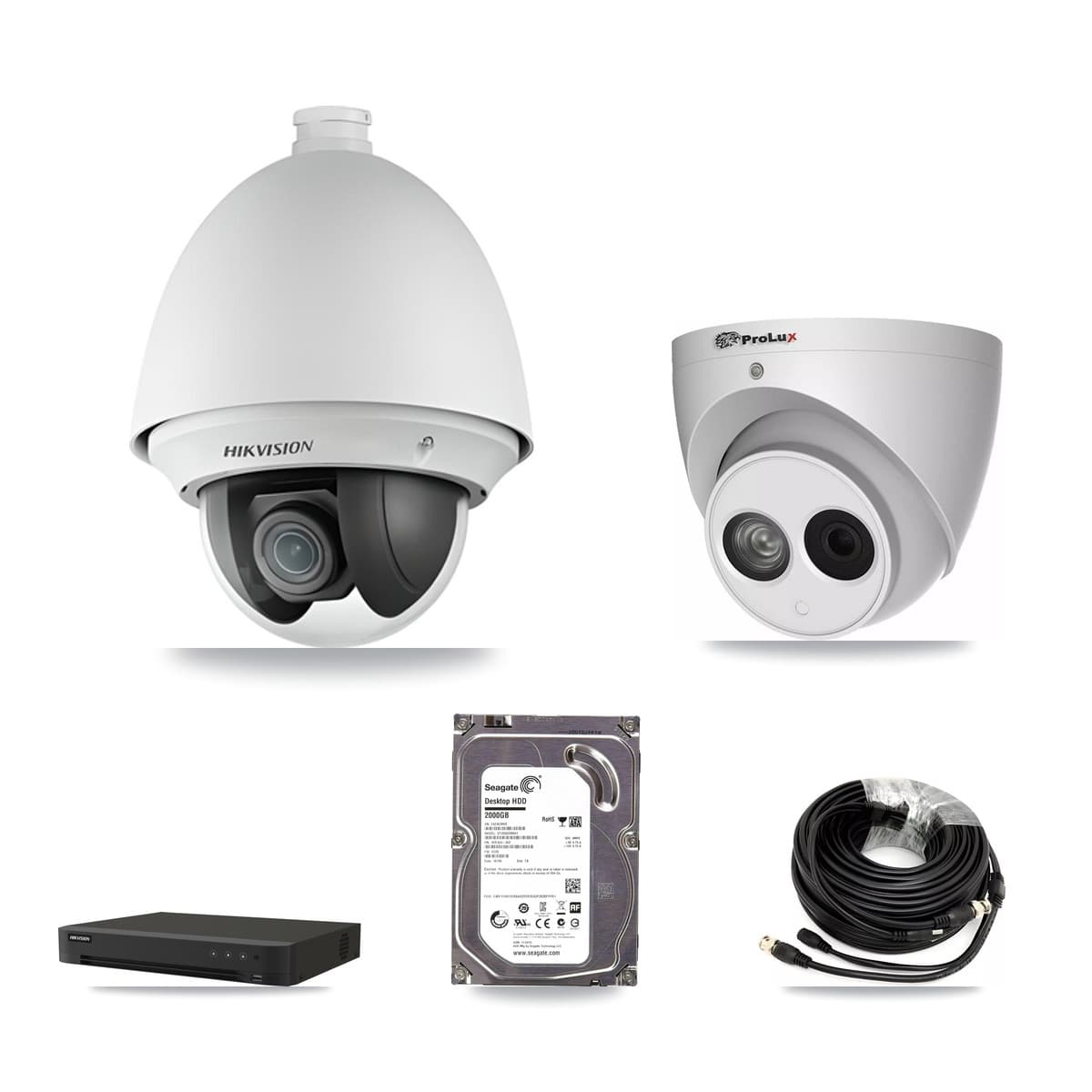 Hikvision & Prolux 8-Channel 2MP – 4MP CCTV Kit — 1 DS-2AE4225T-A 2MP PTZ + 1 PXC-612C4W-A-POC 4MP Turret Cameras + 2TB Recording (IDS-7208HUHI-M1/XT Recorder) - Image 1