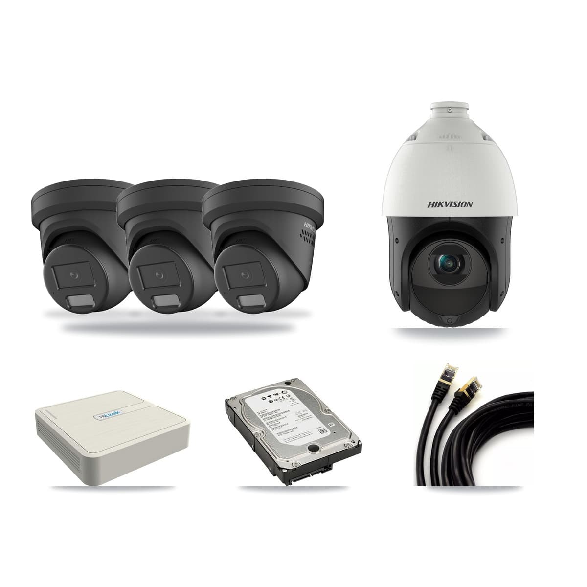 Hikvision & HiLook 8-Channel 4MP CCTV Kit — 3 Black DS-2CD2347G2 Turret + 1 DS-2DE4425IW PTZ Cameras + 5TB Recording - Image 1
