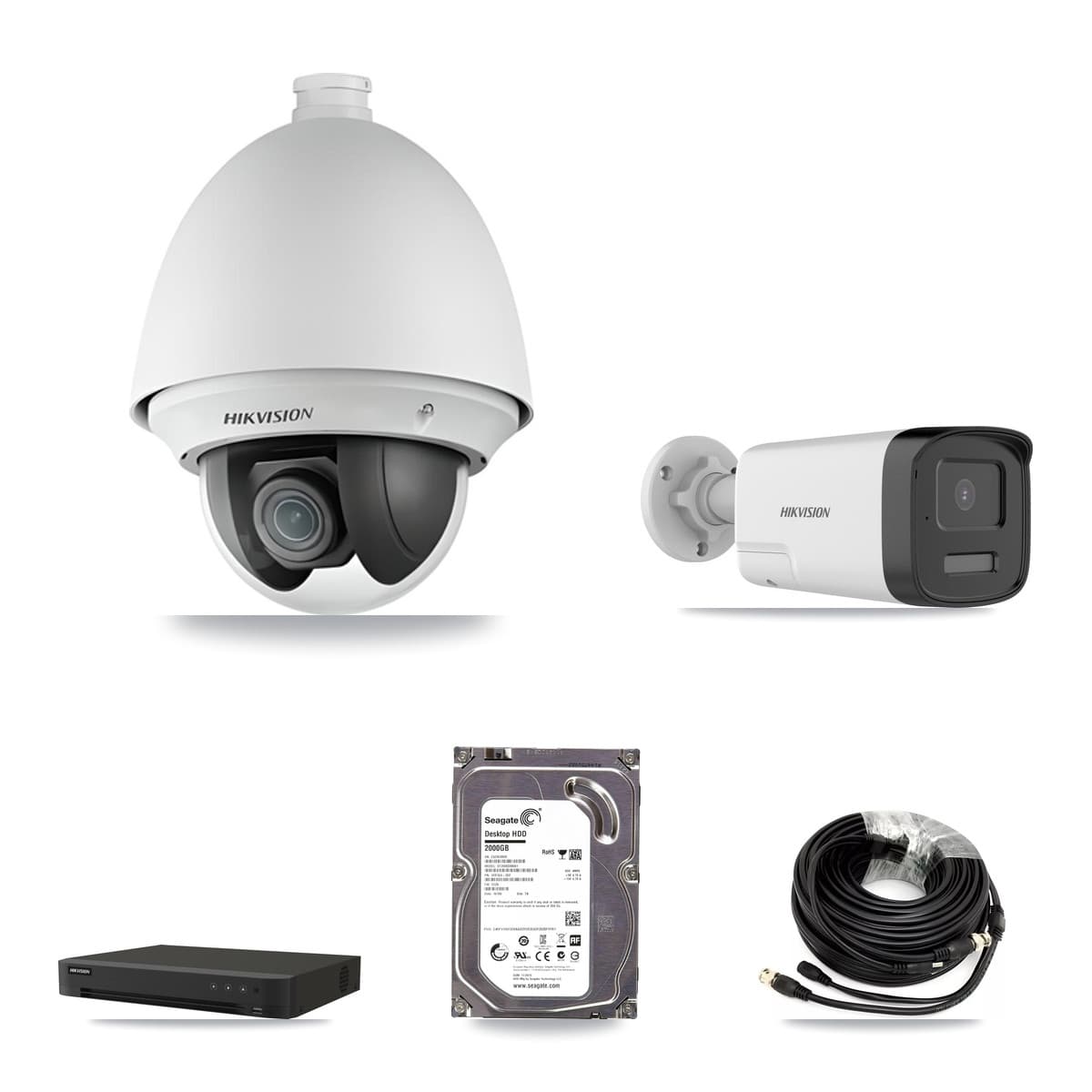 Hikvision 8-Channel 2MP – 5MP CCTV Kit — 1 DS-2AE4225T-A 2MP PTZ + 1 DS-2CE17K0T-LXTS 5MP Bullet Cameras + 2TB Recording (IDS-7208HUHI-M1/XT Recorder)