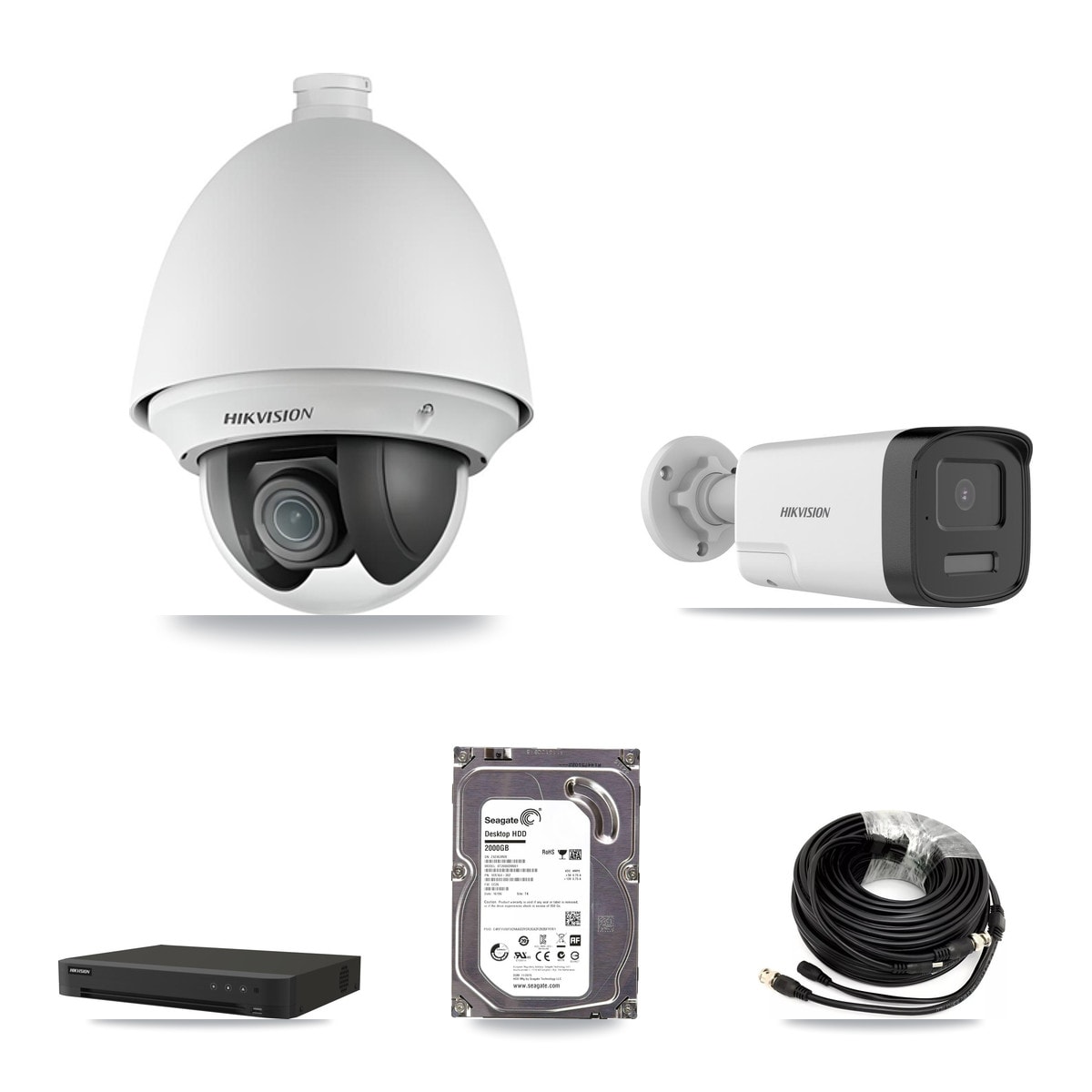 Hikvision 8-Channel 2MP – 5MP CCTV Kit — 1 DS-2AE4225T-A 2MP PTZ + 1 DS-2CE17K0T-LXTS 5MP Bullet Cameras + 2TB Recording (IDS-7208HUHI-M1/XT Recorder) - Image 1