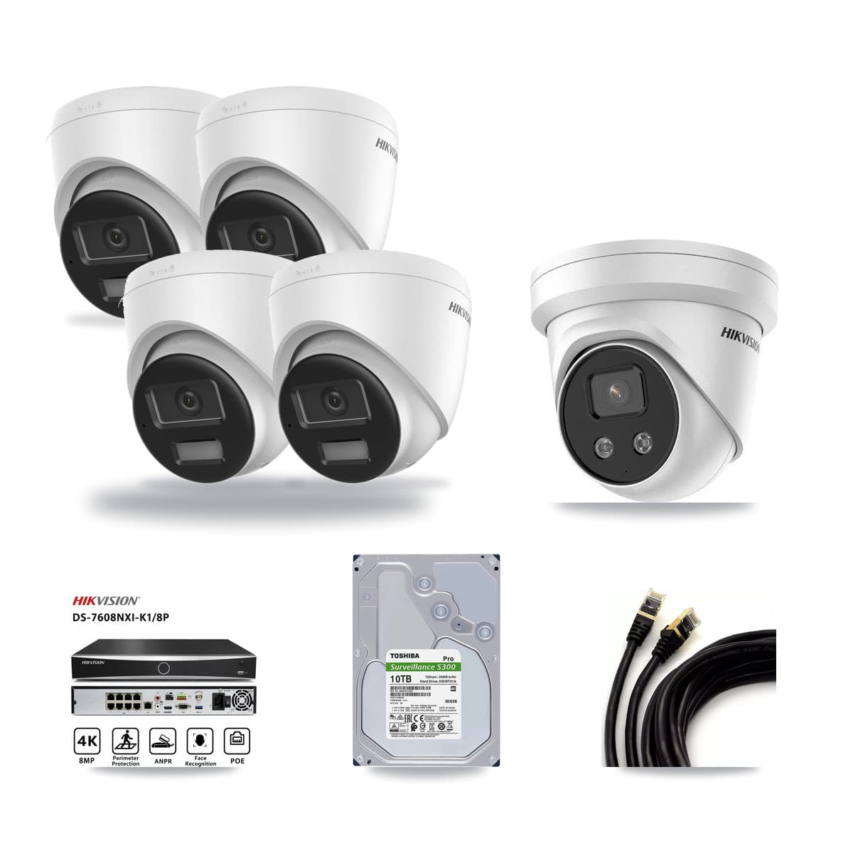 Hikvision 8-Channel 5MP – 4K CCTV Kit — 4 DS-2CD1383G2-LIUF/SL 4K + 1 DS-2CD3356G2-ISU 5MP Turret Cameras + 10TB Recording (DS-7608NXI-K1/8P Recorder) - Image 1