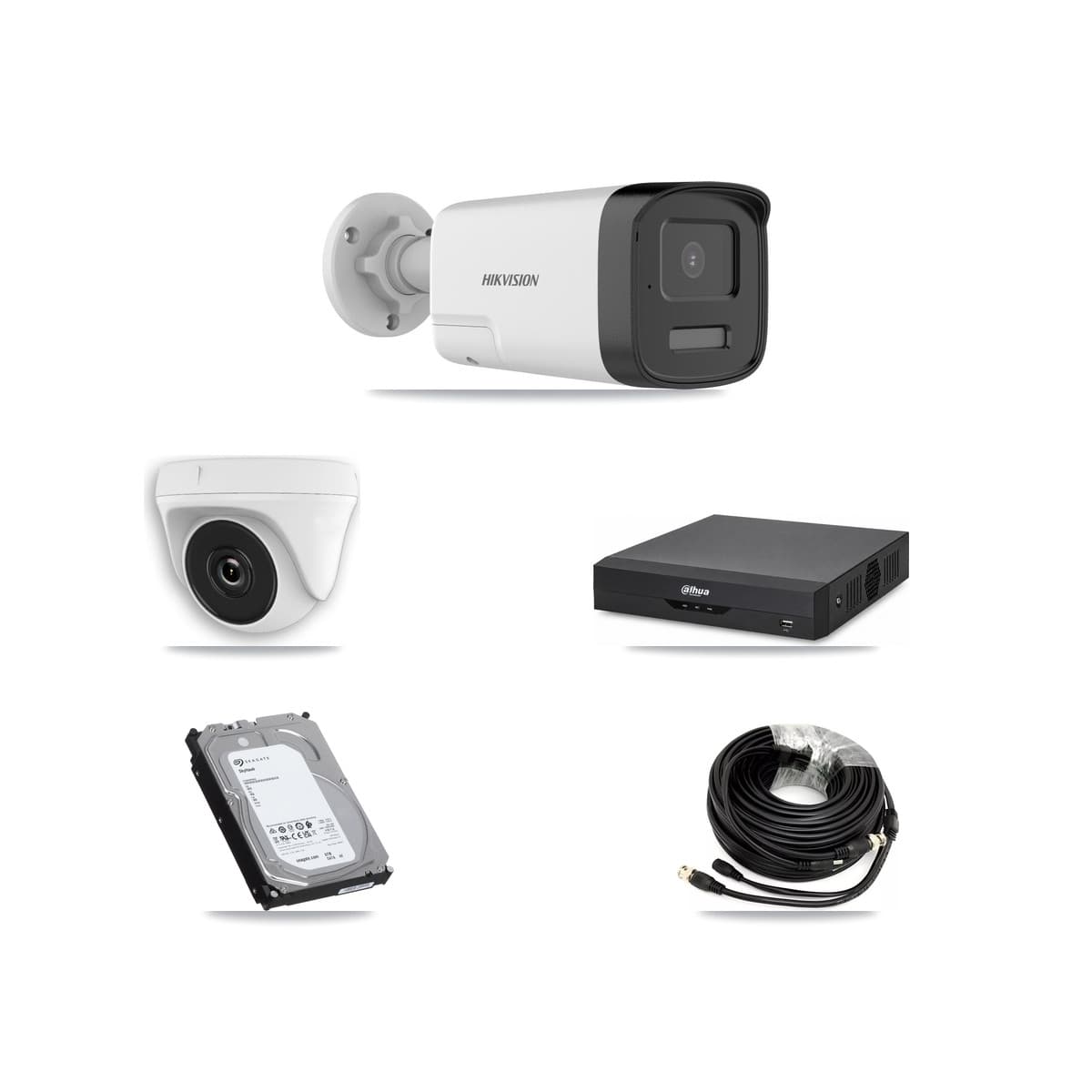 Hikvision & Dahua 4-Channel 2MP – 5MP CCTV Kit — 3 DS-2CE17K0T 5MP Bullet + 1 White HDT-2MP-N20W 2MP Dome Cameras + 6TB Recording