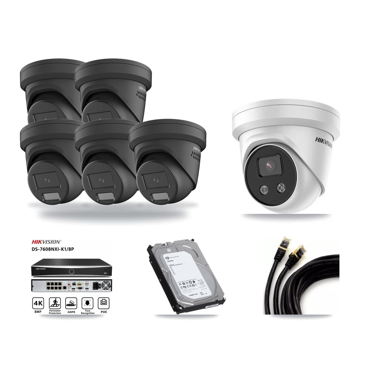 Hikvision 8-Channel 4MP – 5MP CCTV Kit — 5 Black 4MP + 1 5MP Turret Cameras + 6TB Recording (DS-7608NXI Recorder) - Image 1