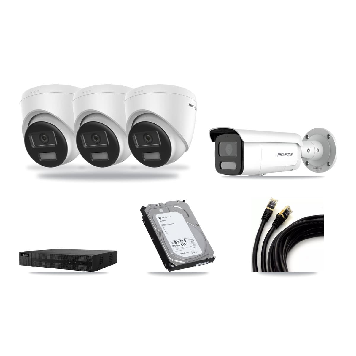 Hikvision & HiLook 8-Channel 4MP – 4K CCTV Kit — 3 DS-2CD1383G2-LIUF/SL 4K Turret + 1 DS-2CD2T47G2H-LISU/SL 4MP Bullet Cameras + 6TB Recording (NVR-108MH-D/8P Recorder) - Image 1