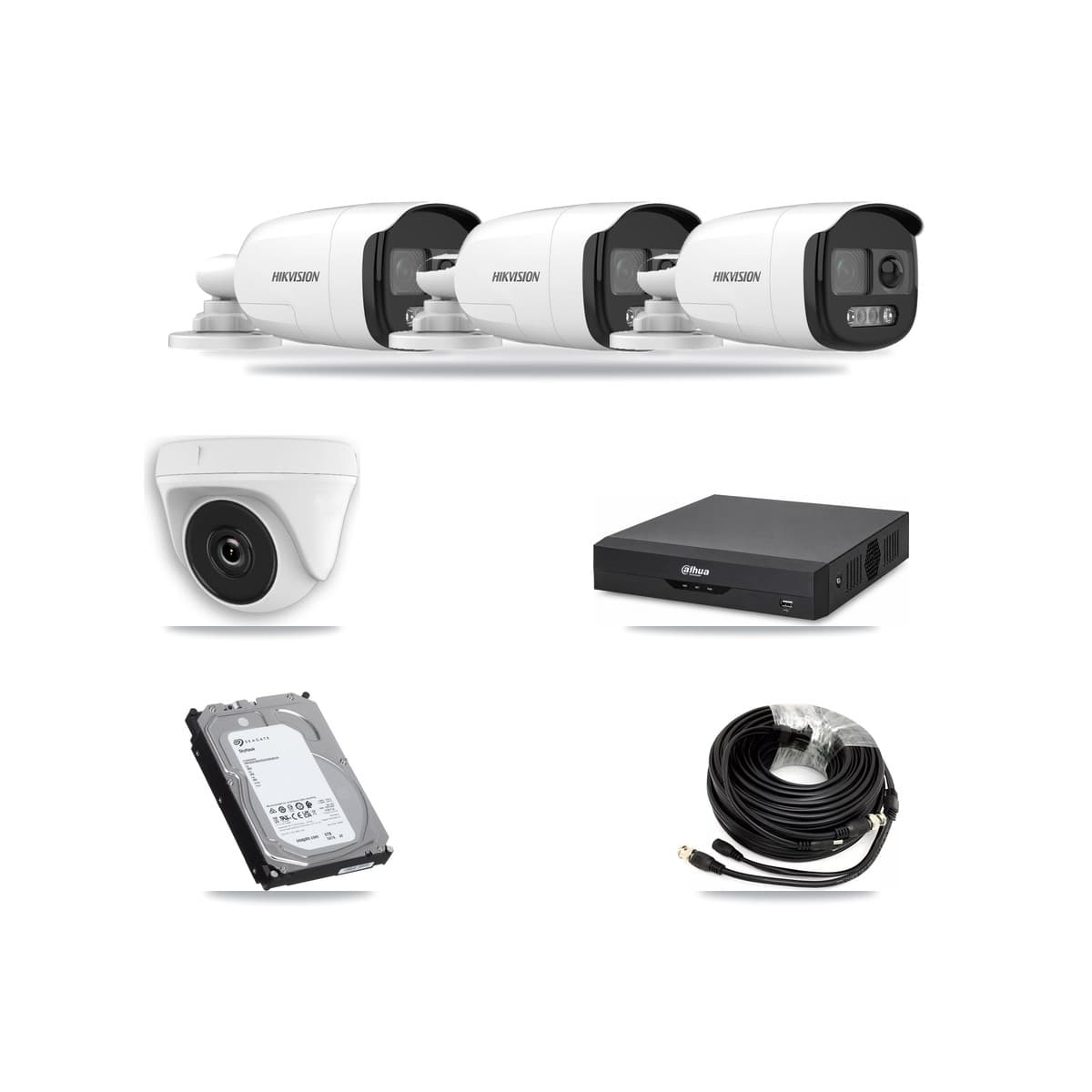 Hikvision & Dahua 4-Channel 2MP – 5MP CCTV Kit — 3 5MP Bullet + 1 2MP Dome Cameras + 6TB Recording - Image 1