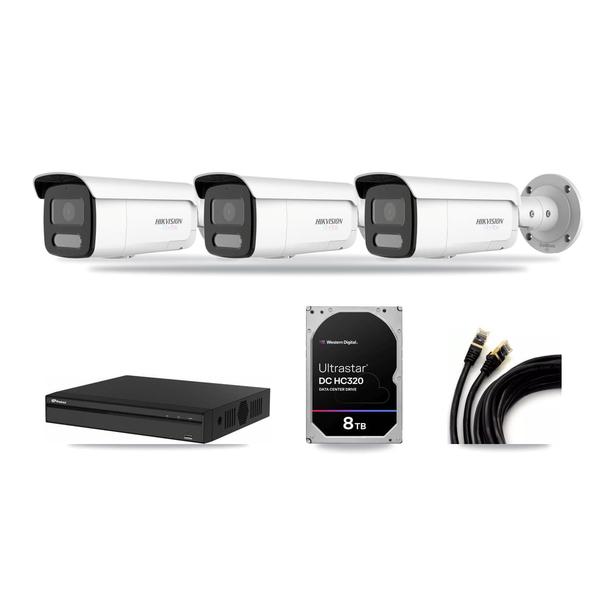 Hikvision & Prolux 4-Channel 4K CCTV Kit — 3 White Bullet Cameras + 8TB Recording - Image 1