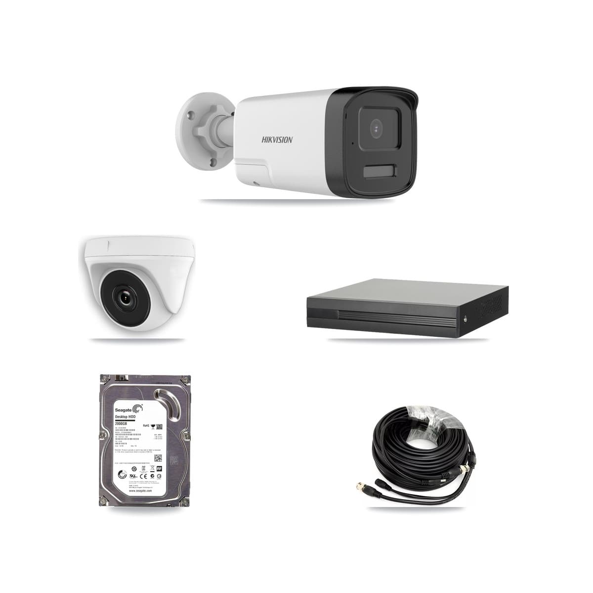 Hikvision 16-Channel 2MP – 5MP CCTV Kit — 1 DS-2CE17K0T 5MP Bullet + 1 White HDT-2MP-N20W 2MP Dome Cameras + 2TB Recording (XVR-3116HS Recorder)