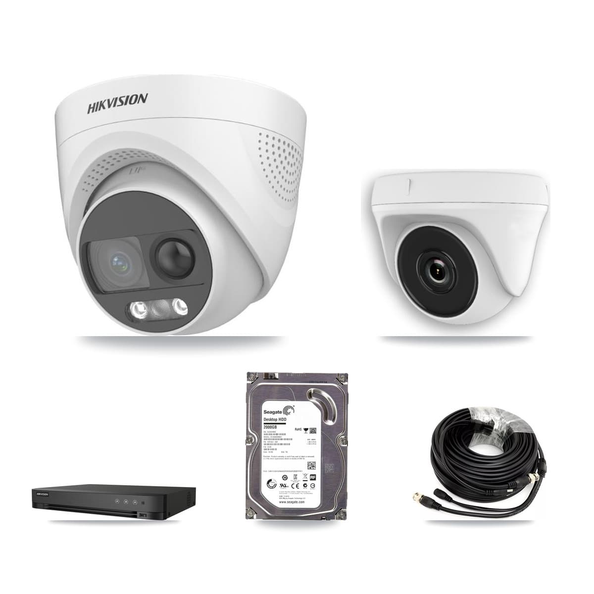 Hikvision 4-Channel 2MP – 5MP CCTV Kit — 1 DS-2CE72KF3T 5MP Turret + 1 White HDT-2MP-N20W 2MP Dome Cameras + 2TB Recording (IDS-7204HUHI Recorder)