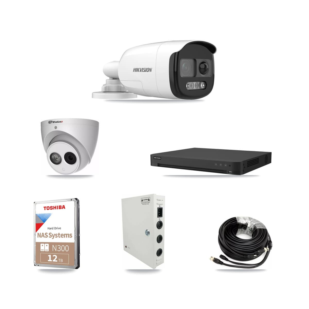 Hikvision & Prolux 32-Channel 4MP – 5MP CCTV Kit — 19 DS-2CE12KF3T 5MP Bullet + 1 PXC-612C4W-A 4MP Turret Cameras + 2× 12TB Recording (IDS-7232HQHI Recorder)