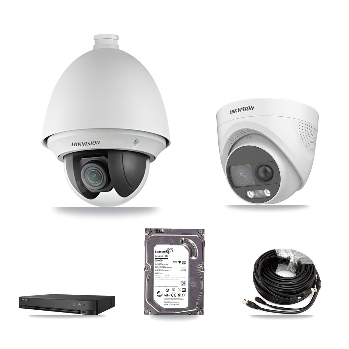 Hikvision 4-Channel 2MP – 5MP CCTV Kit — 1 DS-2AE4225T 2MP PTZ + 1 DS-2CE72KF3T 5MP Turret Cameras + 2TB Recording (IDS-7204HQHI Recorder)