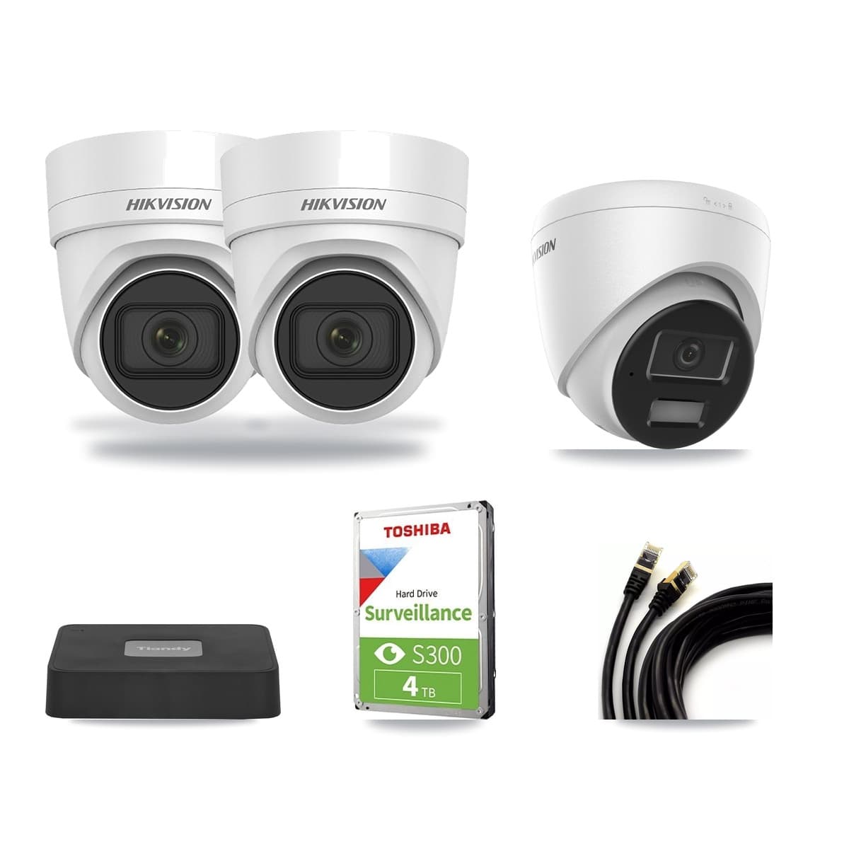 Hikvision & Tiandy 4-Channel 4MP CCTV Kit — 1 DS-2CD1343G2 + 2 DS-2CD2H45FWD Turret Cameras + 4TB Recording - Image 1