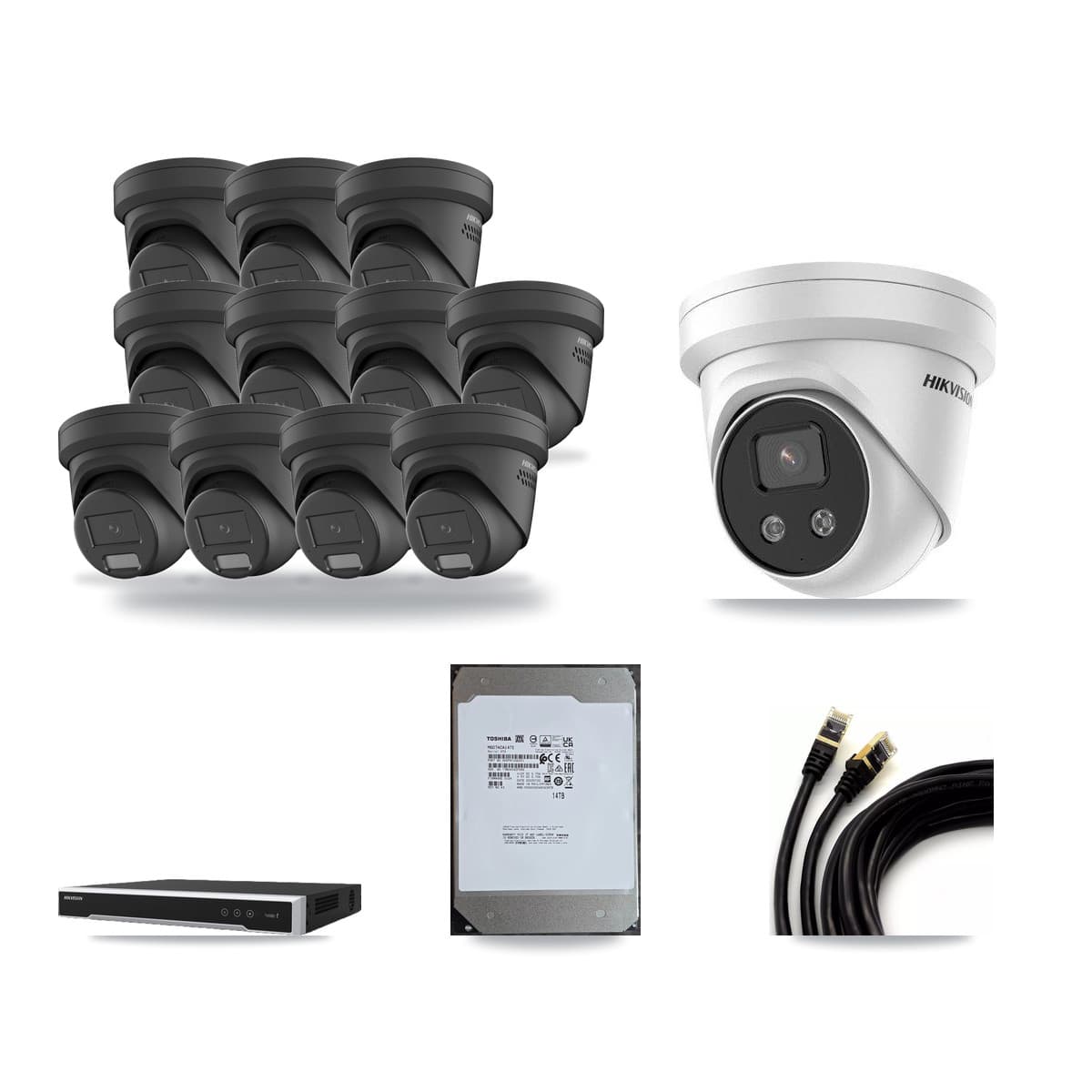 Hikvision 16-Channel 4MP – 5MP CCTV Kit — 11 Black 4MP + 1 5MP Turret Cameras + 14TB Recording (DS-7616NI-M2 Recorder) - Image 1