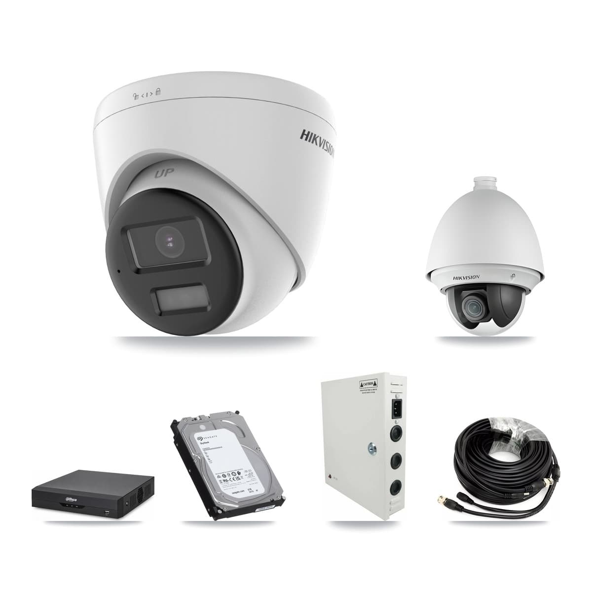 Hikvision & Dahua 4-Channel 2MP – 4K CCTV Kit — 1 2MP PTZ + 2 4K Turret Cameras + 6TB Recording