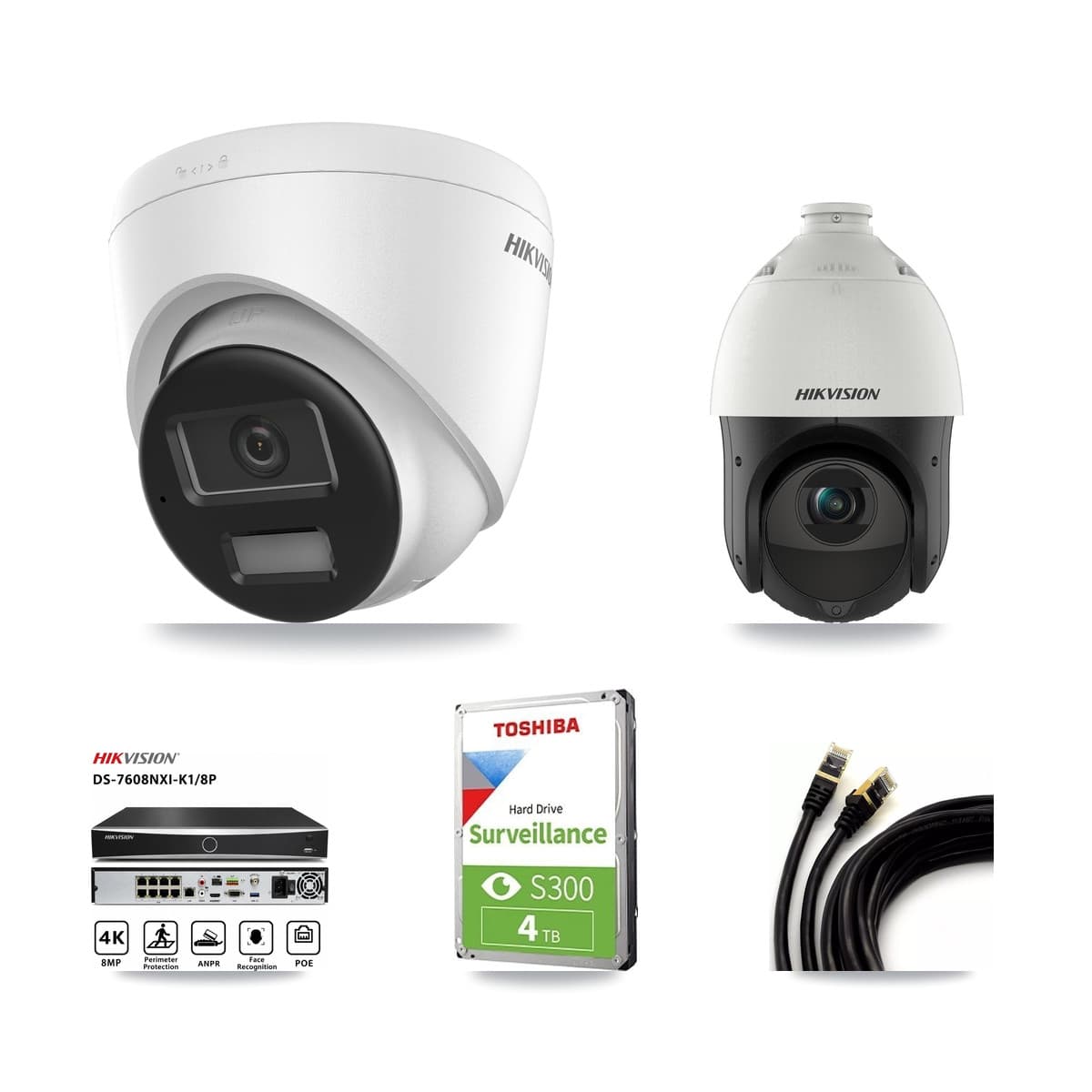 Hikvision 8-Channel 4MP – 4K CCTV Kit — 1 4K Turret + 1 4MP PTZ Cameras + 4TB Recording (DS-7608NXI Recorder)