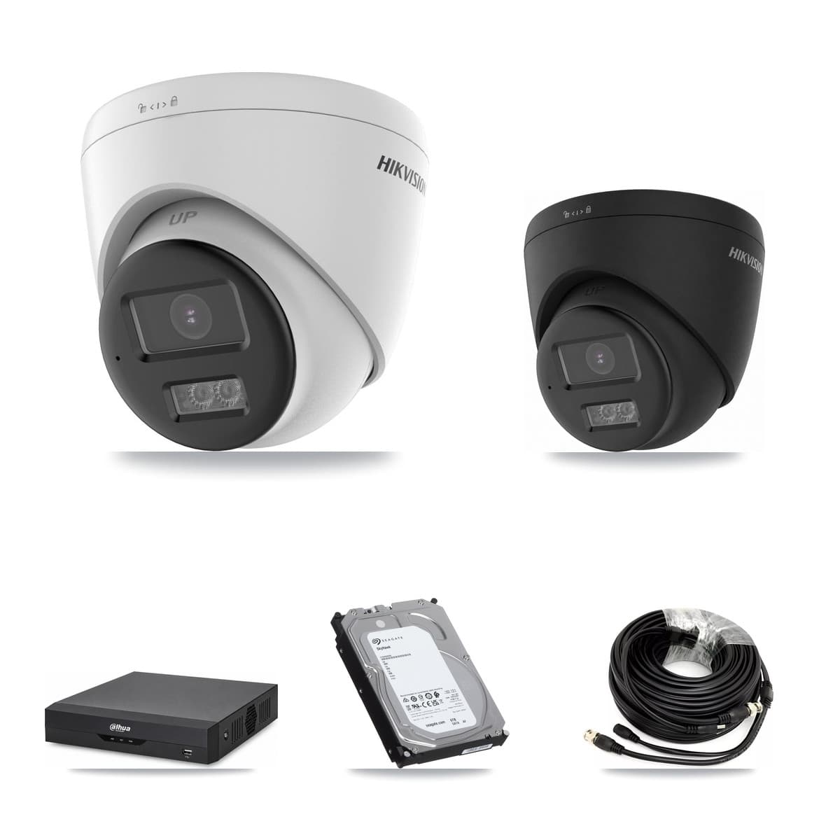 Hikvision & Dahua 4-Channel 5MP – 4K CCTV Kit — 3 DS-2CE78K0T-LTS 5MP + 1 Black DS-2CE78U0T-LTS-BLACK 4K Turret Cameras + 6TB Recording (DH-XVR5104HS-4KL-I2 Recorder)