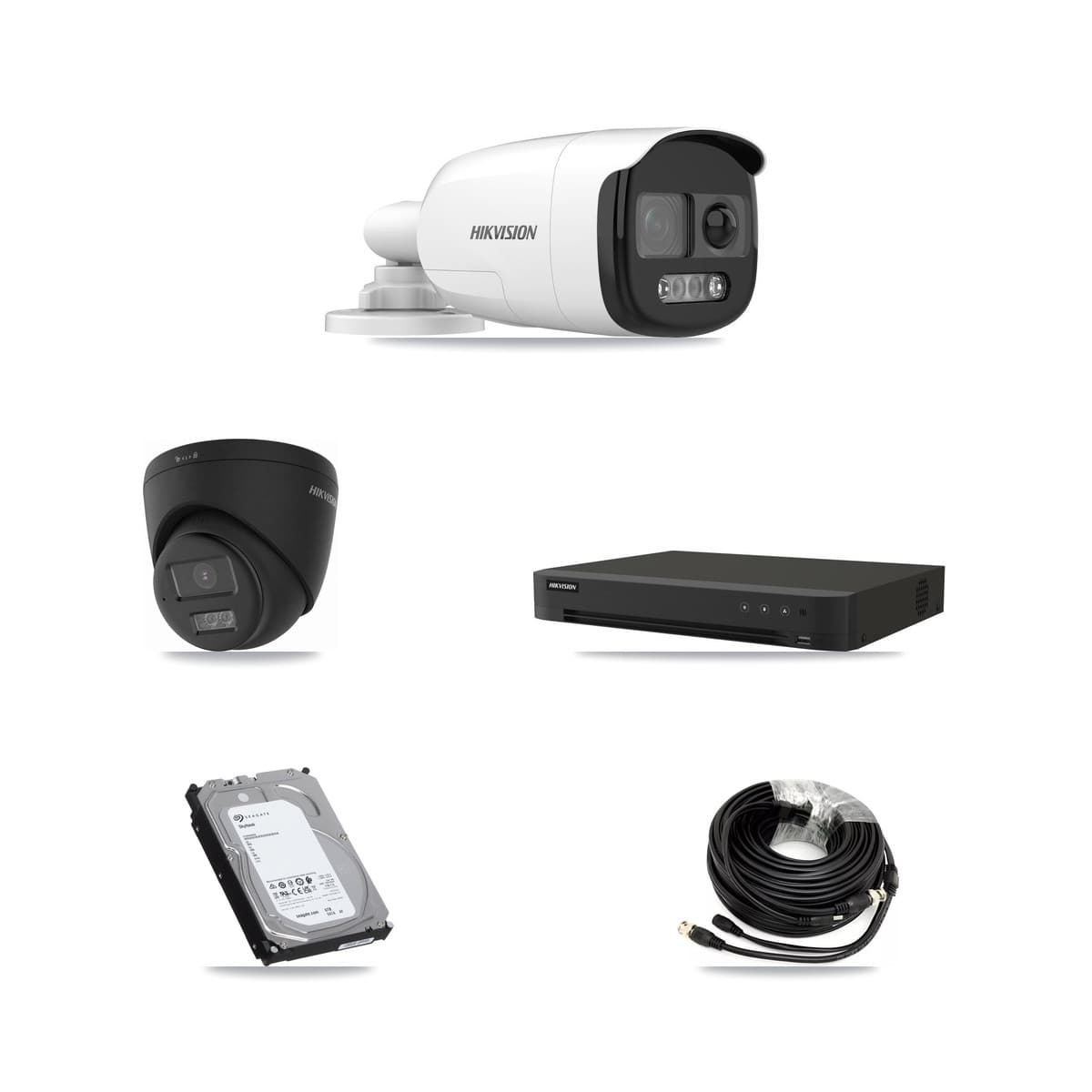 Hikvision 8-Channel 5MP – 4K CCTV Kit — 3 DS-2CE12KF3T-PIRXO 5MP Bullet + 1 Black DS-2CE78U0T-LTS-BLACK 4K Turret Cameras + 6TB Recording (IDS-7208HUHI-M1/XT Recorder)