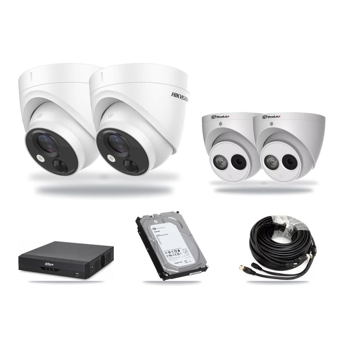 4-Channel 4MP – 5MP CCTV Kit — 2 DS-2CE71H0T 5MP + 2 PXC-612C4W-A 4MP Turret Cameras + 6TB Recording (DH-XVR5104HS Recorder) - Image 1