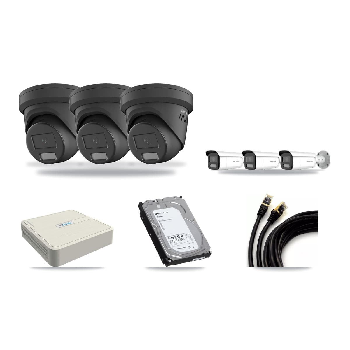 Hikvision & HiLook 8-Channel 4MP CCTV Kit — 3 Black Turret + 3 Bullet Cameras + 6TB Recording - Image 1