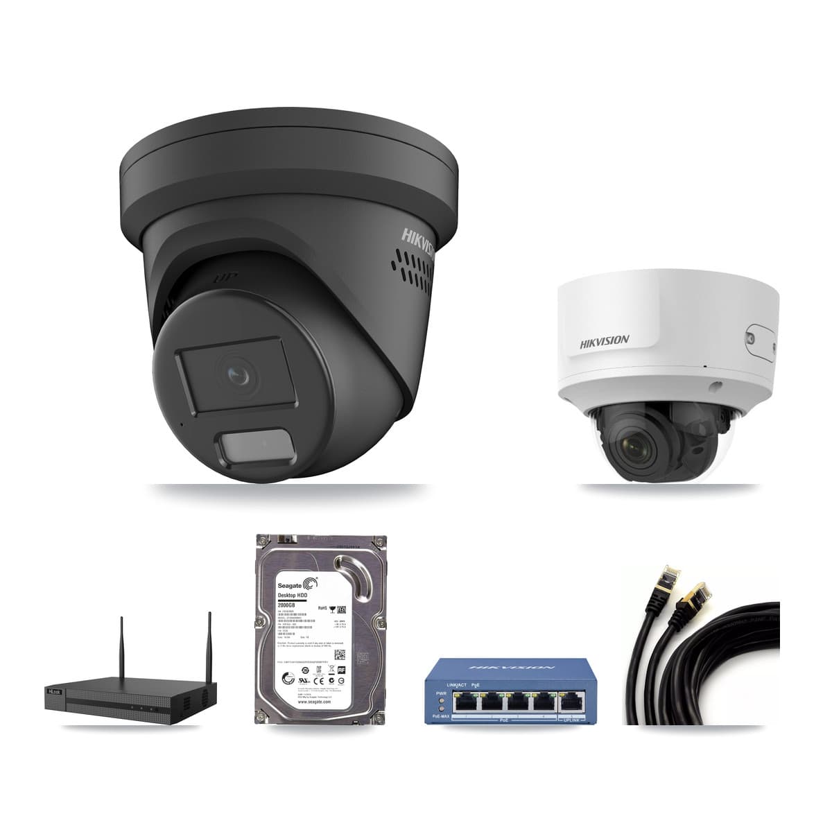 Hikvision & HiLook 4-Channel 2MP – 4MP CCTV Kit — 1 Black 4MP Turret + 1 2MP Dome Cameras + 2TB Recording