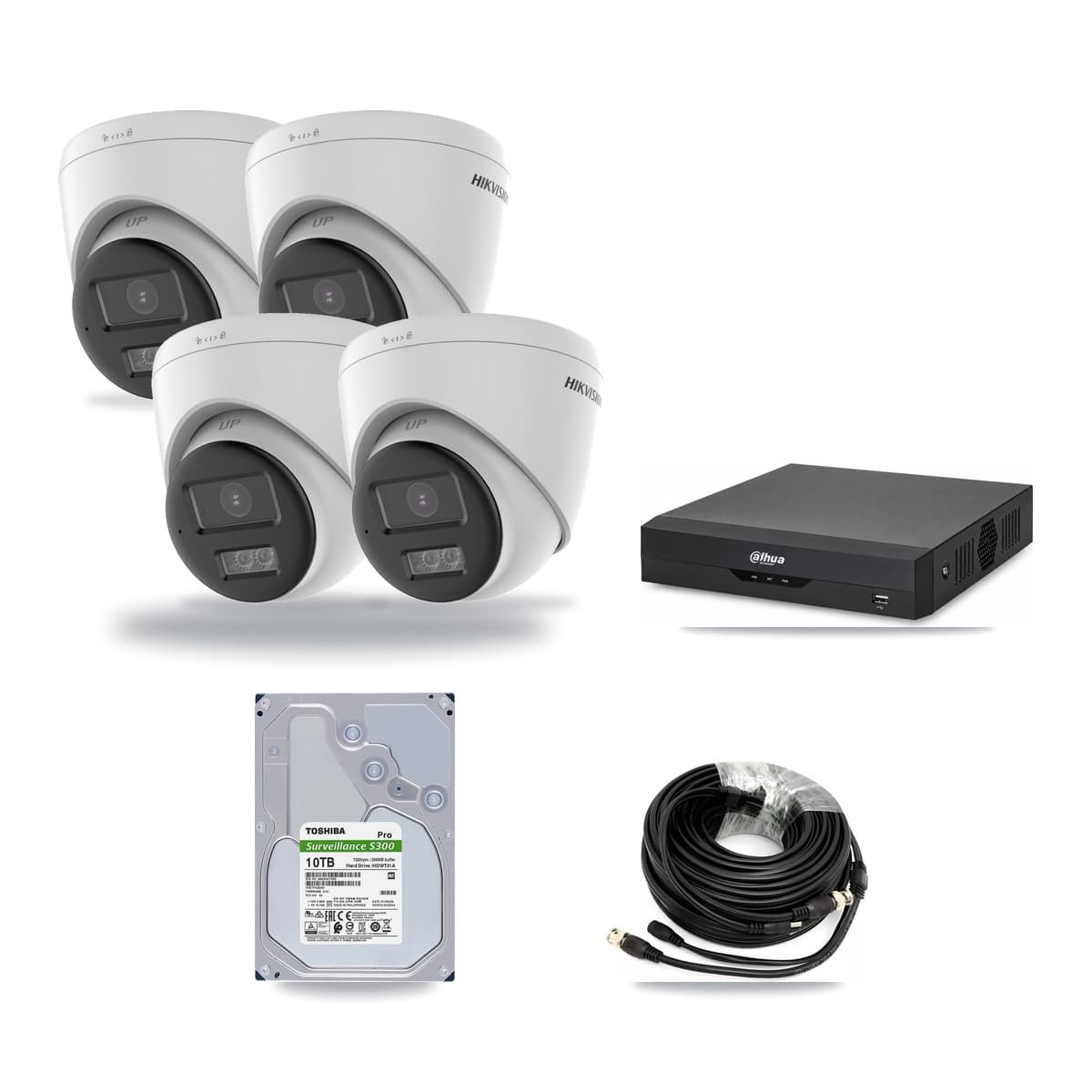 Hikvision & Dahua 4-Channel 5MP CCTV Kit — 4 DS-2CE78K0T-LTS Turret Cameras + 10TB Recording (DH-XVR5104HS-4KL-I2 Recorder) - Image 1