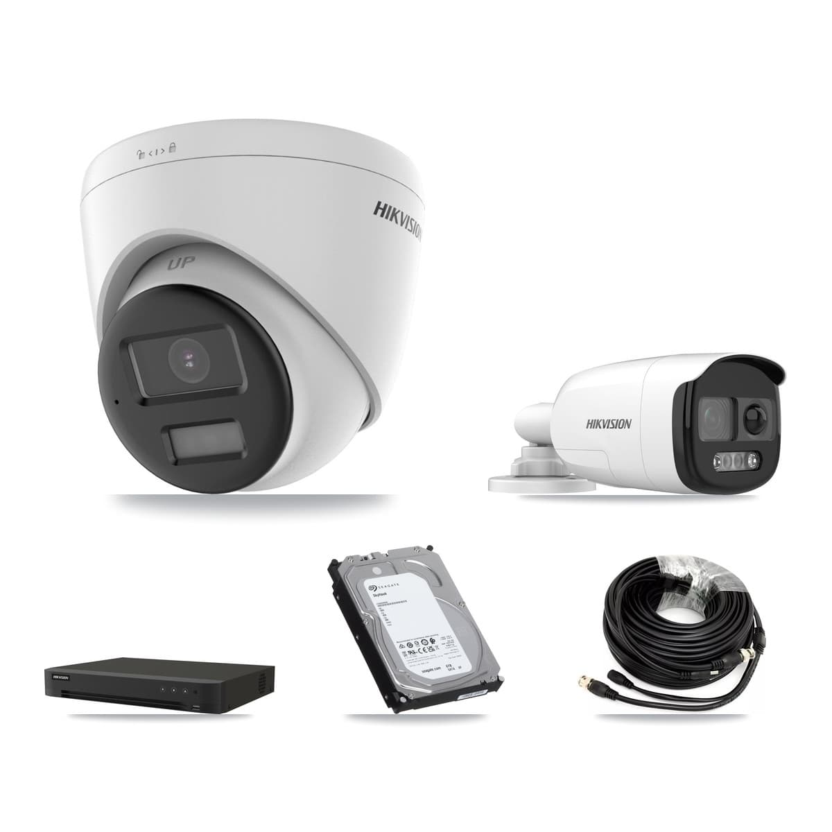 Hikvision 8-Channel 5MP – 4K CCTV Kit — 1 DS-2CE12KF3T-PIRXO 5MP Bullet + 3 DS-2CE78U0T-LPTS 4K Turret Cameras + 6TB Recording (IDS-7208HUHI-M1/XT Recorder)