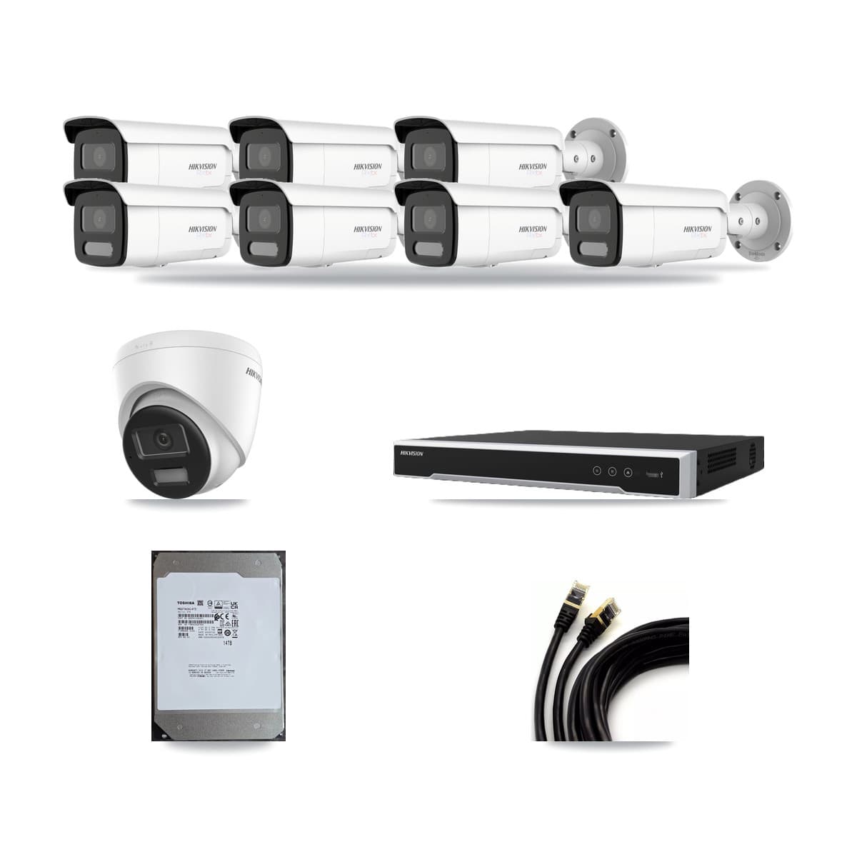Hikvision 8-Channel 4K CCTV Kit — 1 DS-2CD1383G2-LIUF/SL Turret + 7 White DS-2CD2T87G2H-LISU/SL-2.8MM-W Bullet Cameras + 14TB Recording (DS-7608NI-M2/8P Recorder) - Image 1