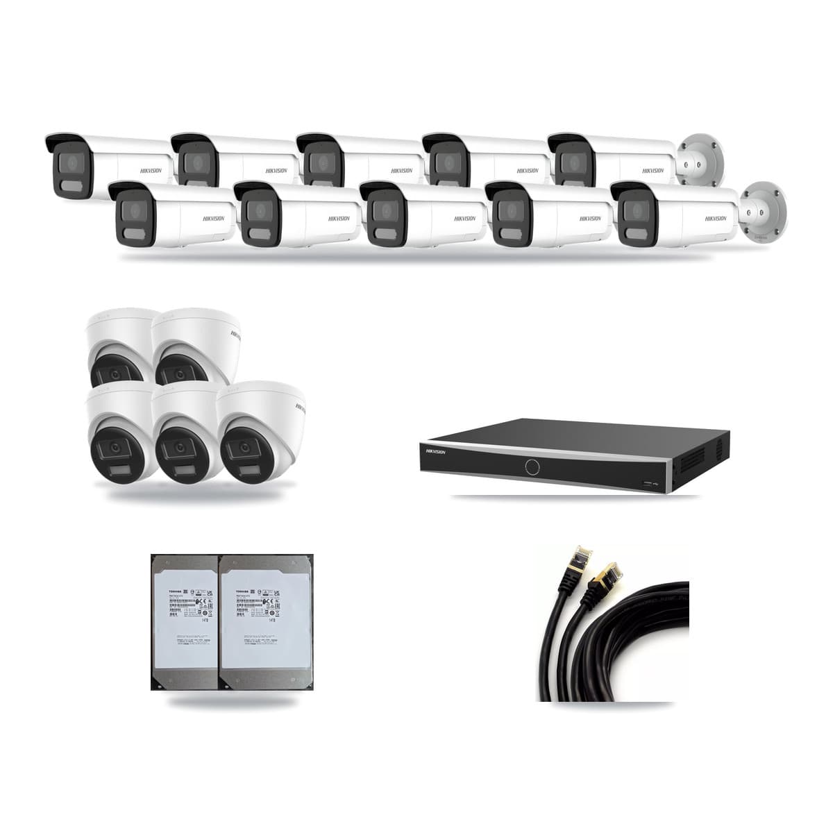 Hikvision 16-channel CCTV kit: 15 cameras (10× 4MP Bullet + 5× 4K Turret), 2× 14TB hard drive