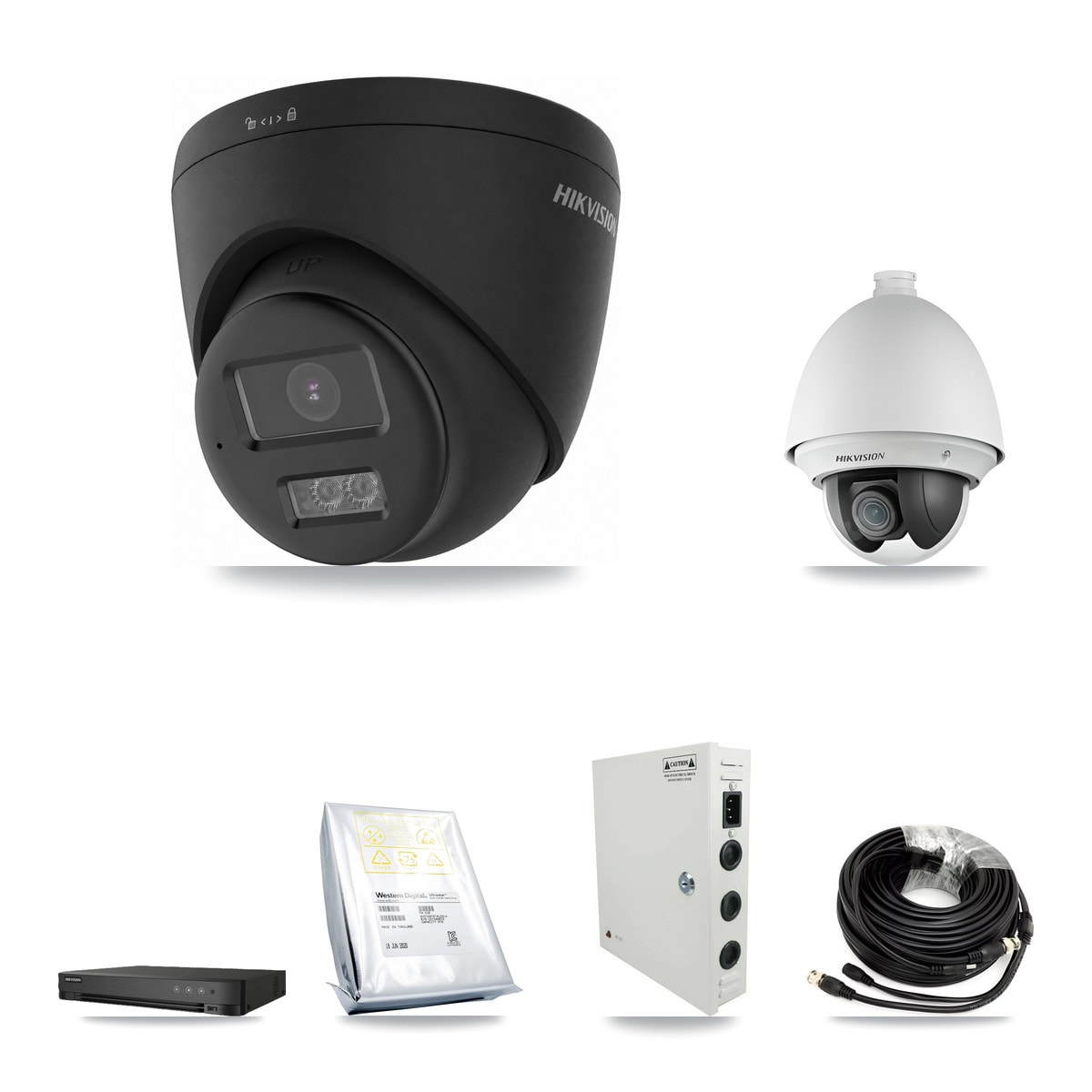 Hikvision 8-Channel 2MP – 4K CCTV Kit — 1 DS-2AE4225T-A 2MP PTZ + 3 Black DS-2CE78U0T-LTS-BLACK 4K Turret Cameras + 8TB Recording (IDS-7208HUHI-M1/E Recorder) - Image 1