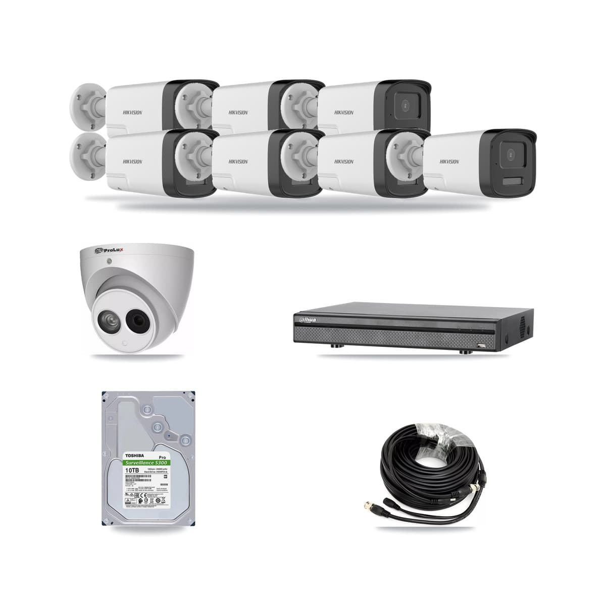8-Channel 4MP – 5MP CCTV Kit — 7 DS-2CE17K0T 5MP Bullet + 1 PXC-612C4W-A 4MP Turret Cameras + 10TB Recording (DH-XVR5108H Recorder) - Image 1